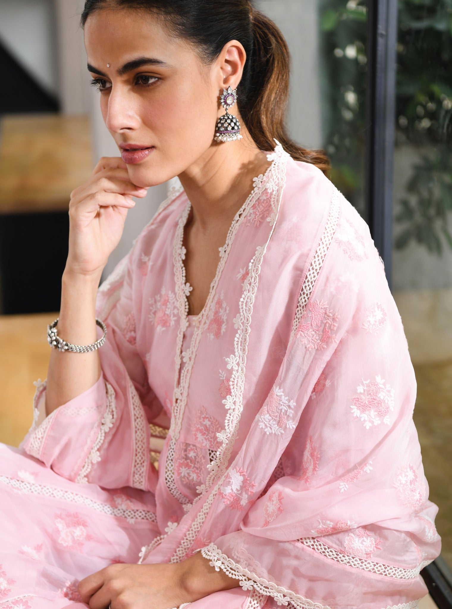 Mulmul Organza Stirling Pink Anarkali Kurta With Cotton Stirling Pink Pant