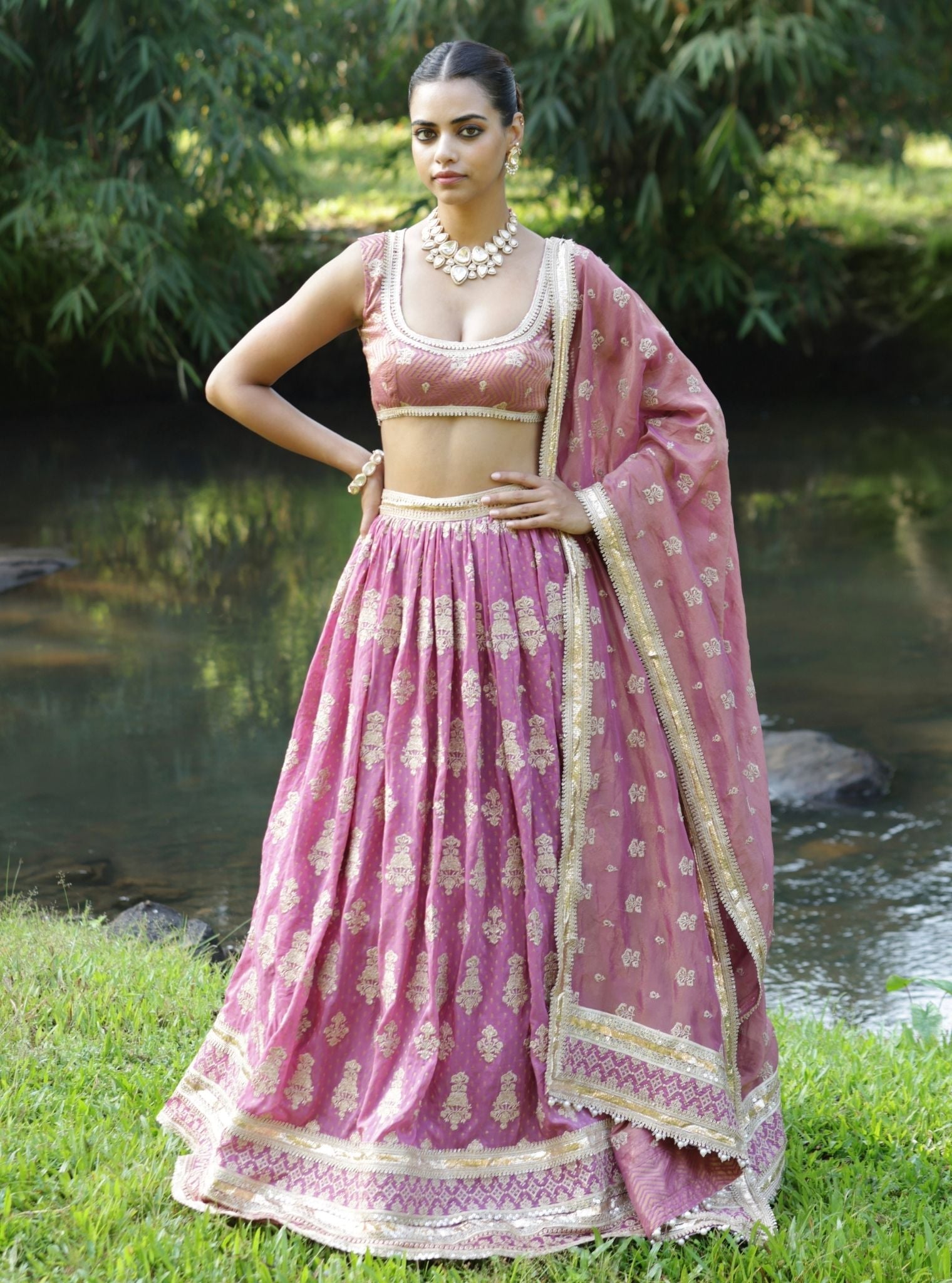 Mulmul Banarsi Rang Plum Lehenga