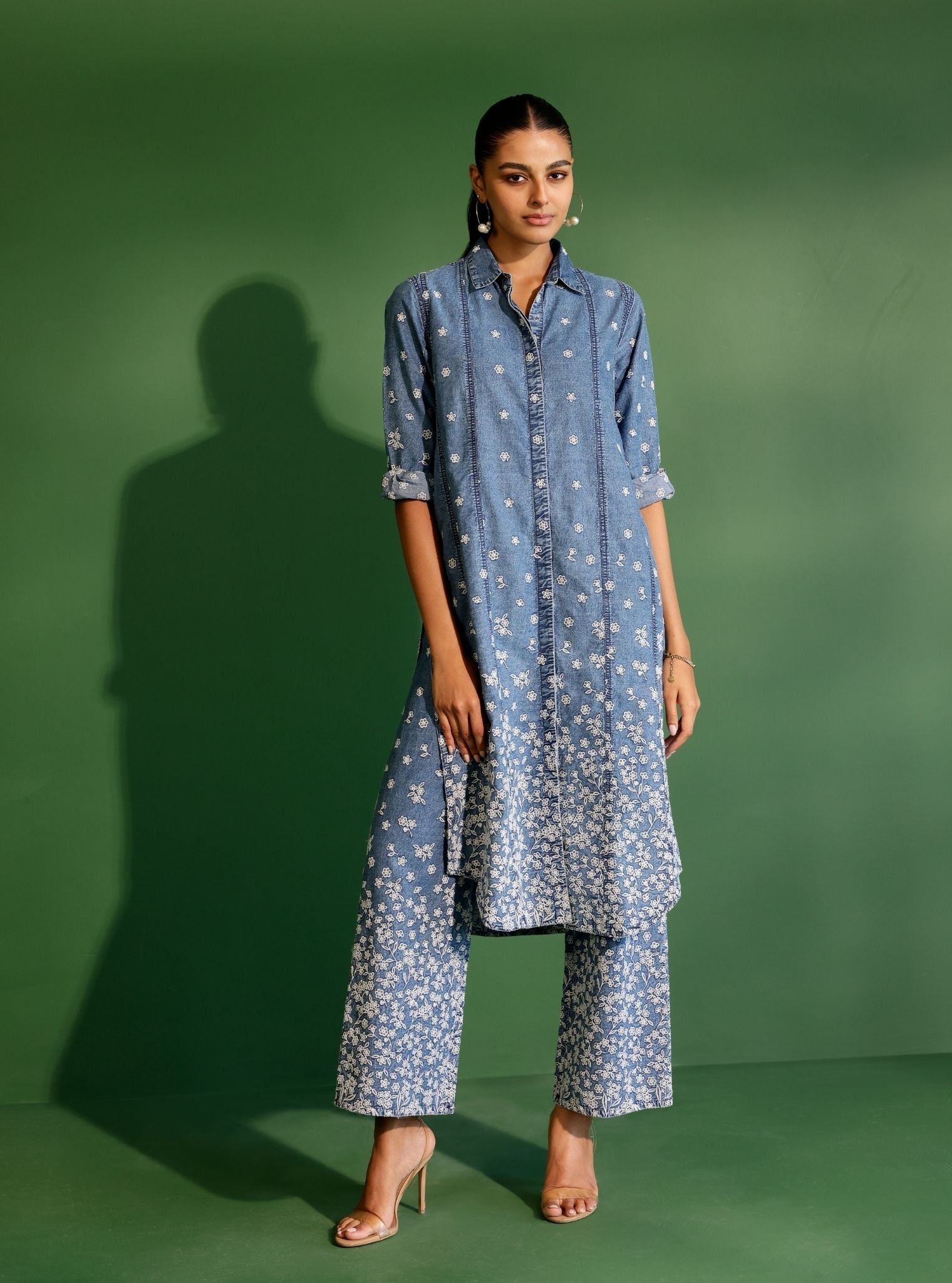 Mulmul Moor Denim Kurta With Mulmul Moor Denim Pant