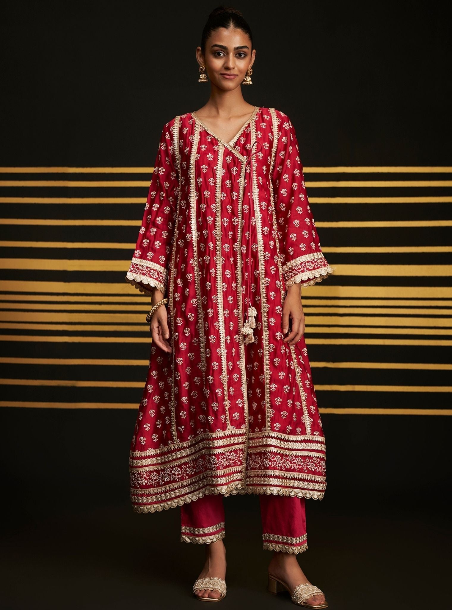 Mulmul Organza Satin Patola Fuschia Anarkali Kurta With Mulmul Pima Satin Patola Fuschia Pant