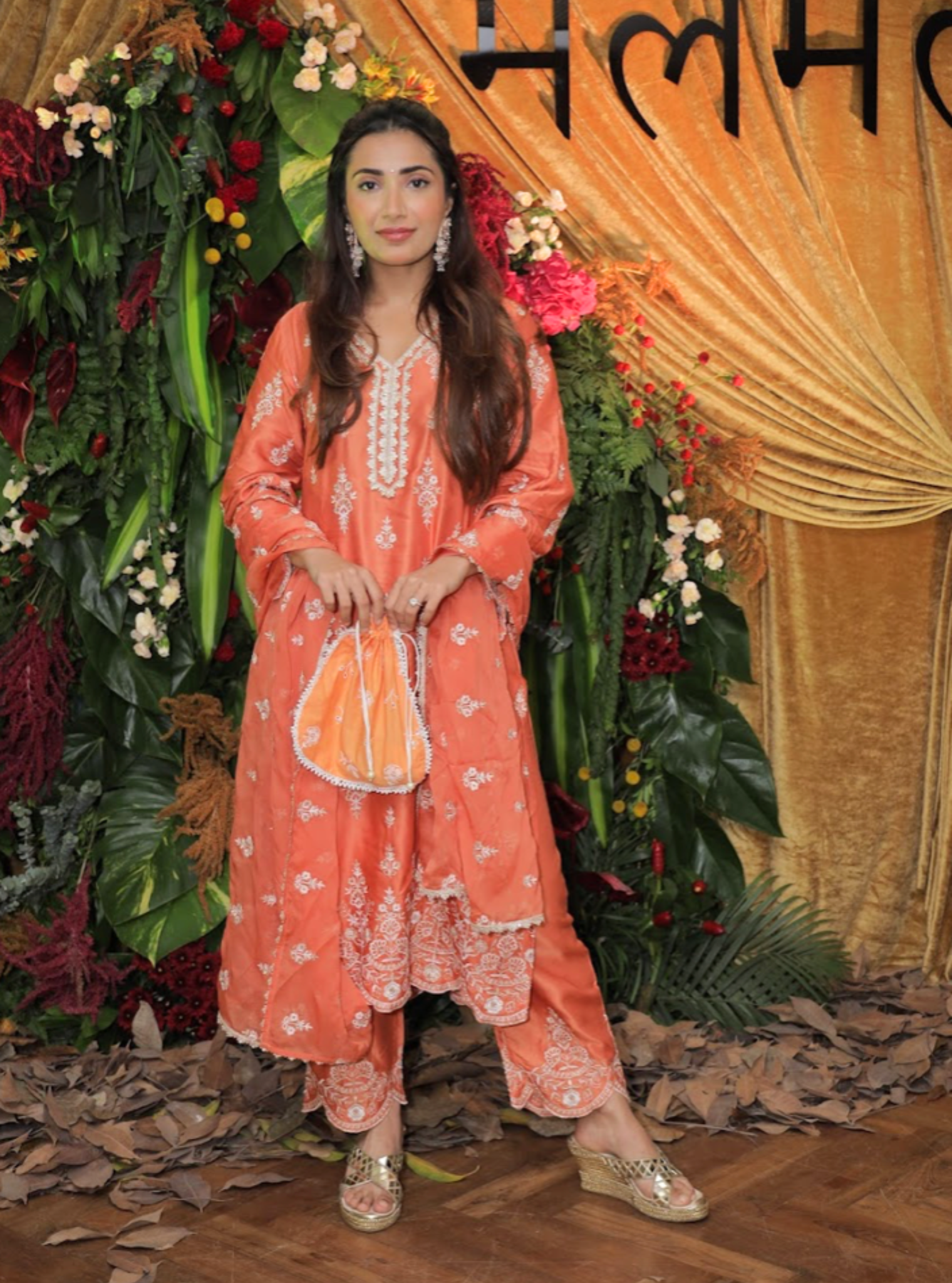 Mulmul Cupro Satin Emon Burnt Orange Kurta With Mulmul Cupro Satin Emon Burnt Orange Pant