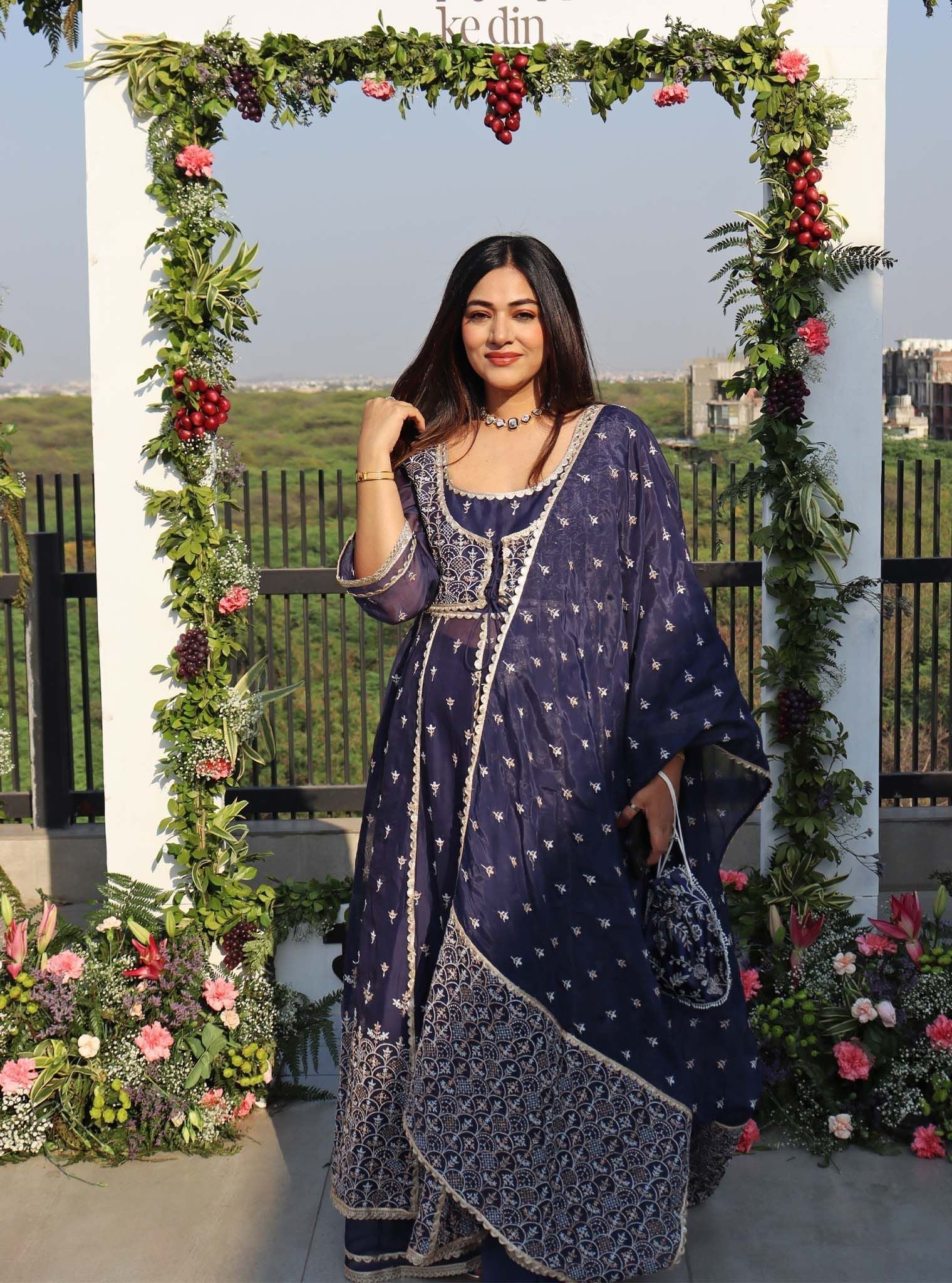 Mulmul Organza Sheri Navy Anarkali Kurta With Mulmul Organza Sheri Navy Sharara