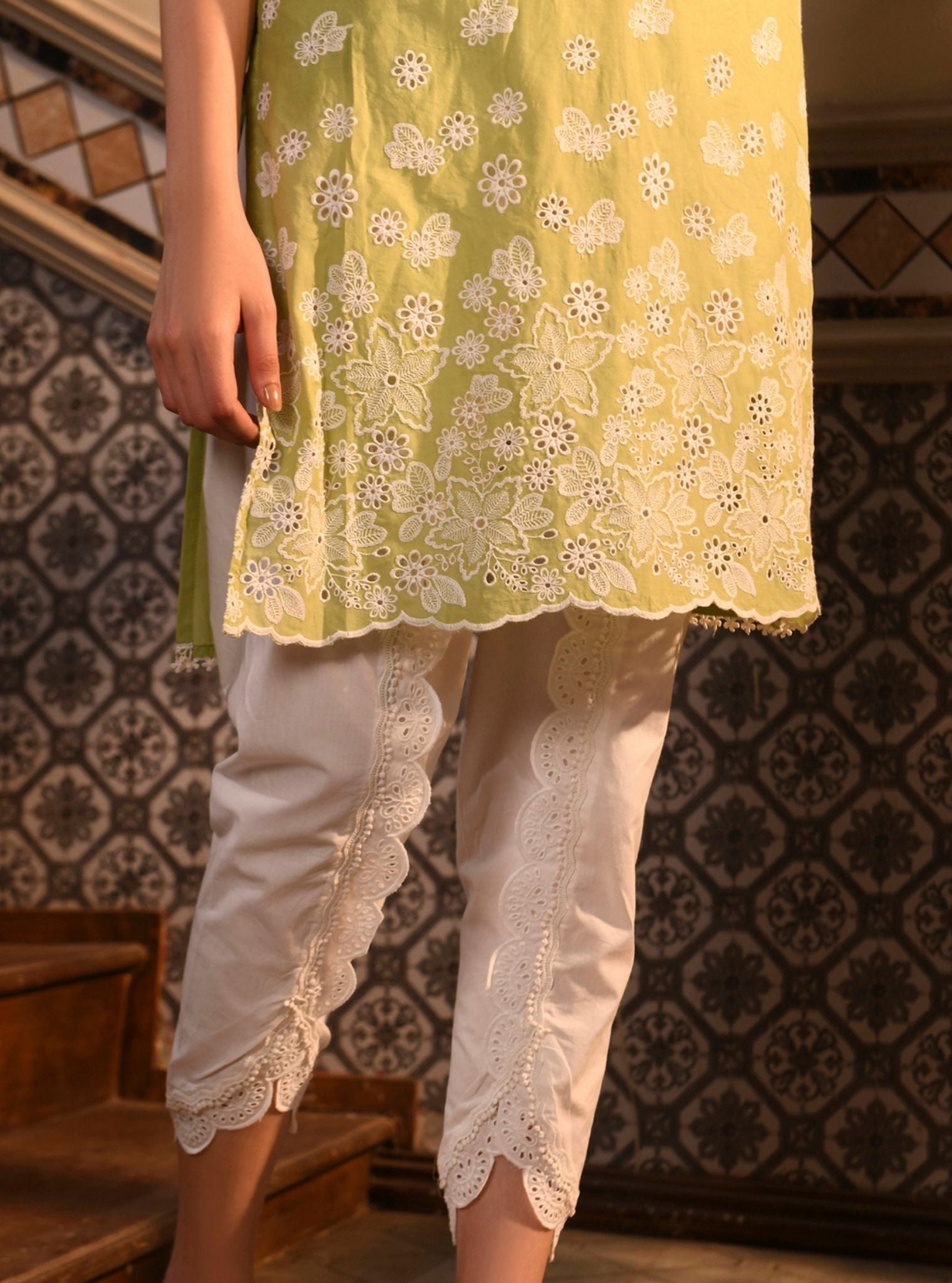 Mulmul Cotton Irsia Light Green Kurta With Mulmul Cotton Border White Dhoti Pant