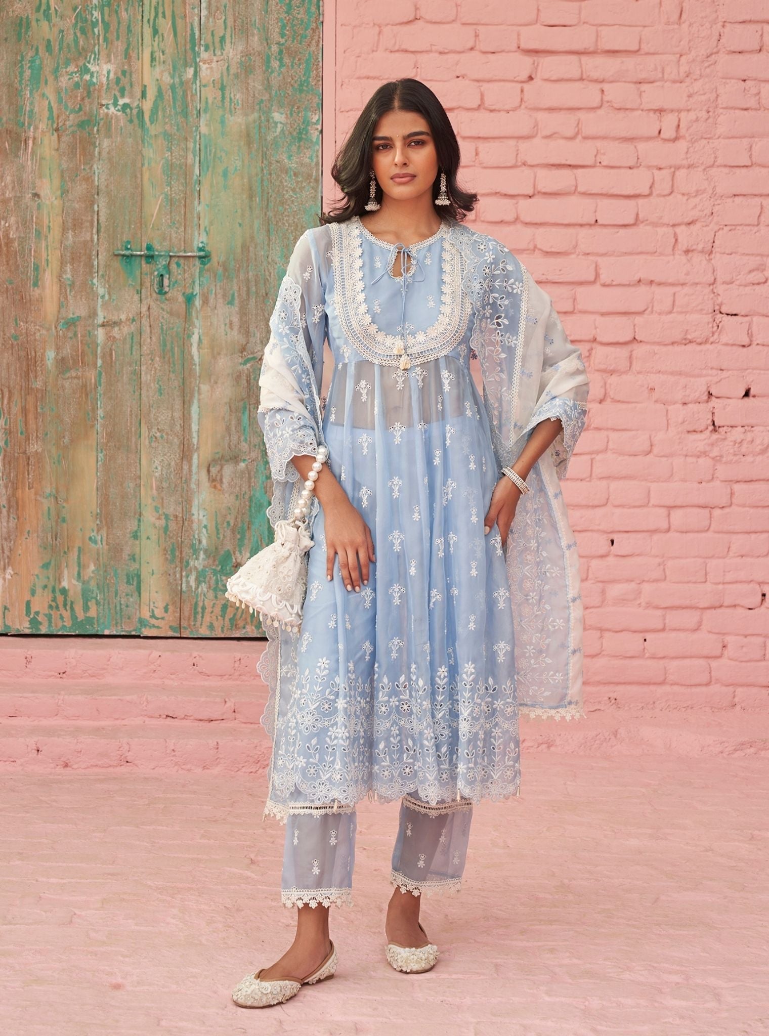 Mulmul Organza Sybil Blue Anarkali Kurta With Mulmul Cotton Sybil Blue Pant