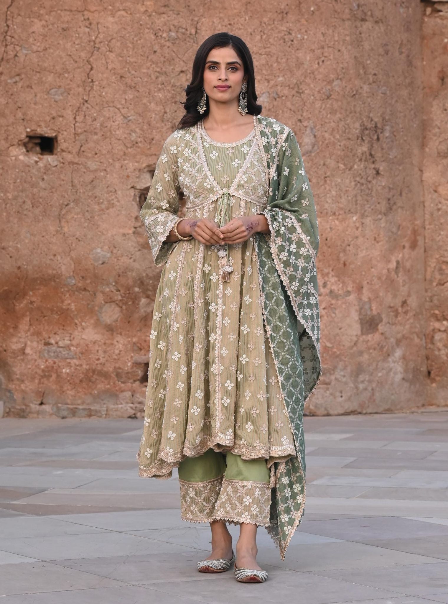 Mulmul Banarsi Bhumbro Green Anarkali Kurta with Mulmul Pima Satin Bhumbro Green Pant