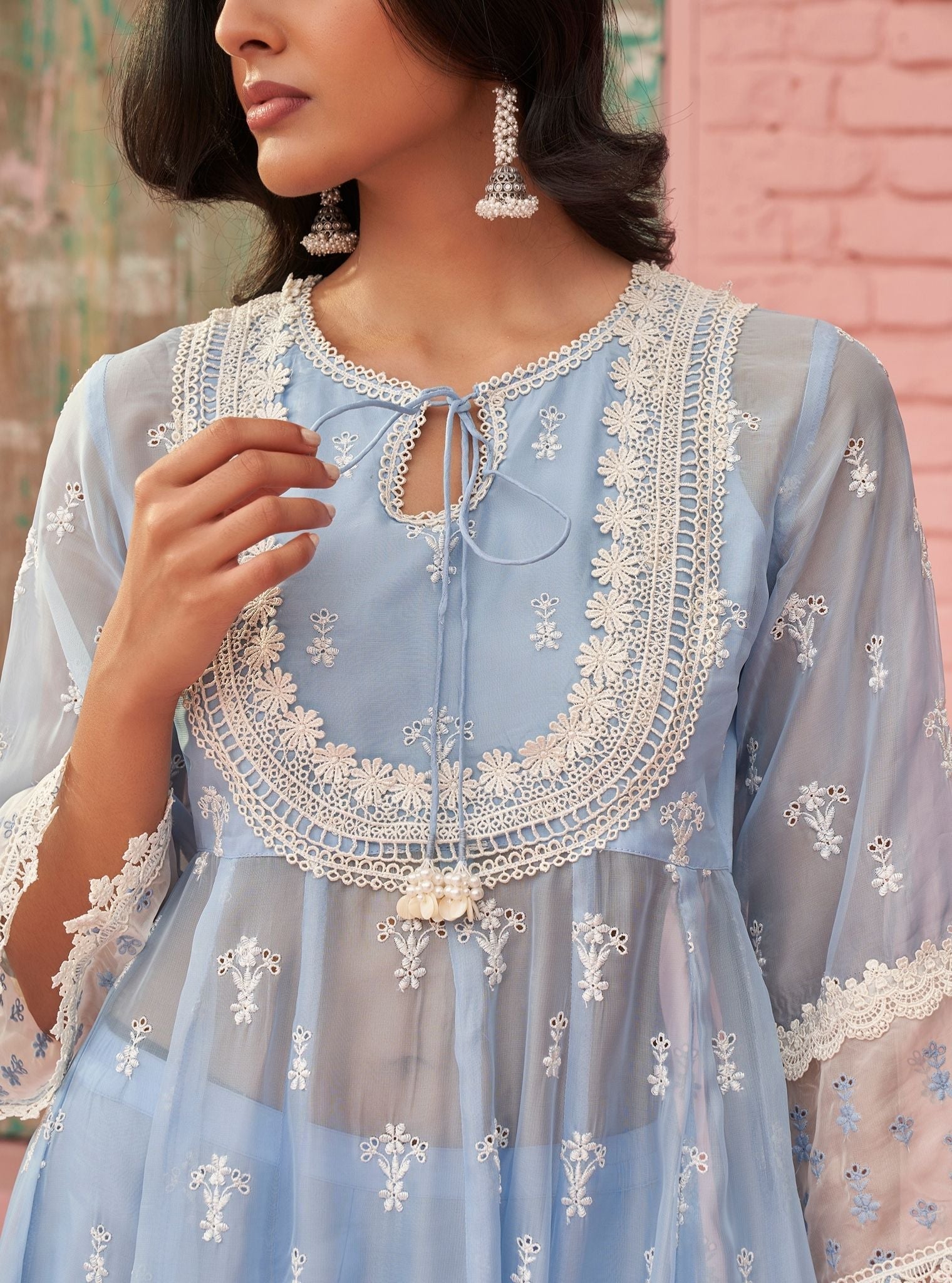 Mulmul Organza Sybil Blue Anarkali Kurta With Mulmul Cotton Sybil Blue Pant