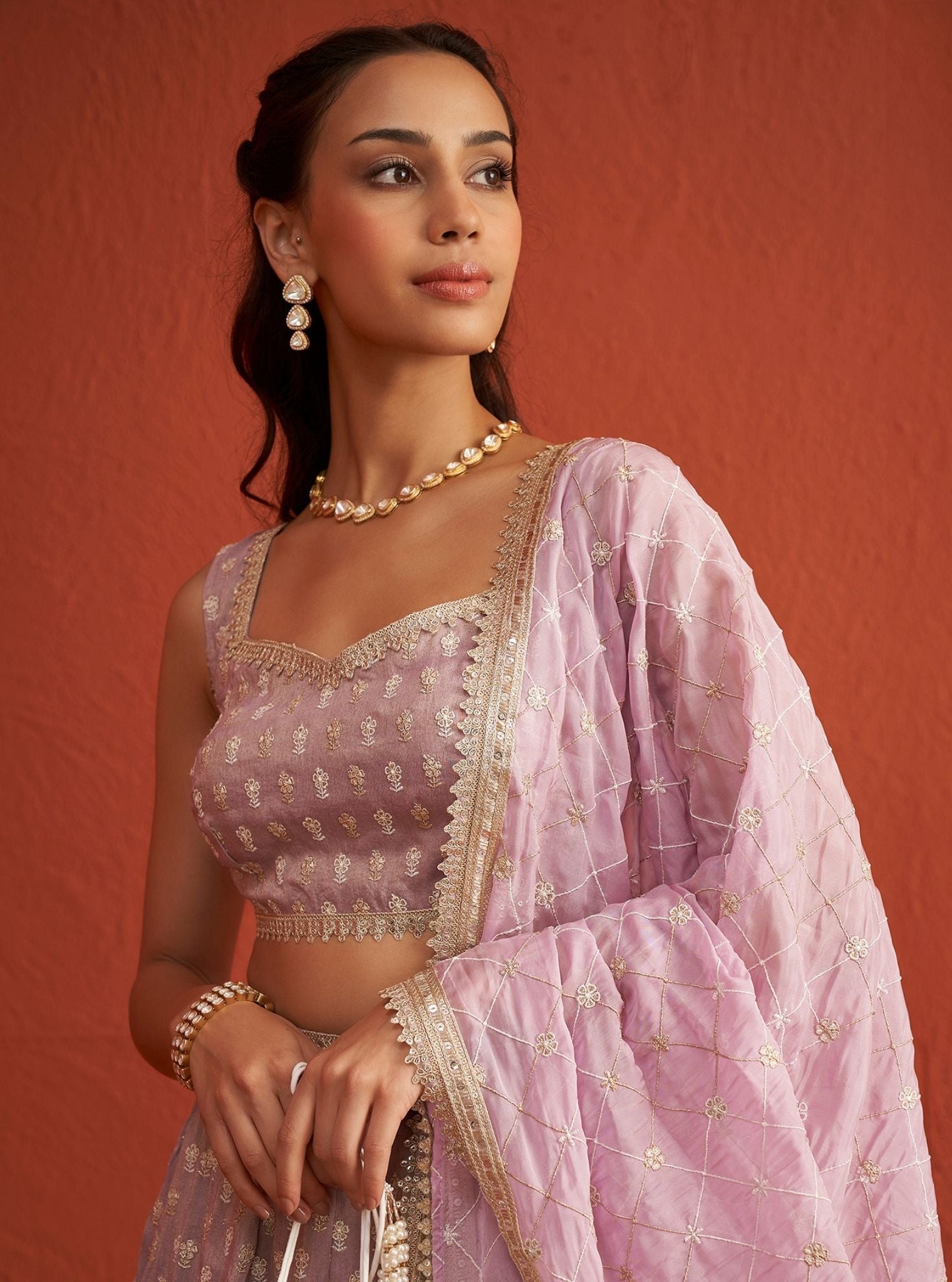 Mulmul Tissue Linen Satin Heeriye Lilac lehenga