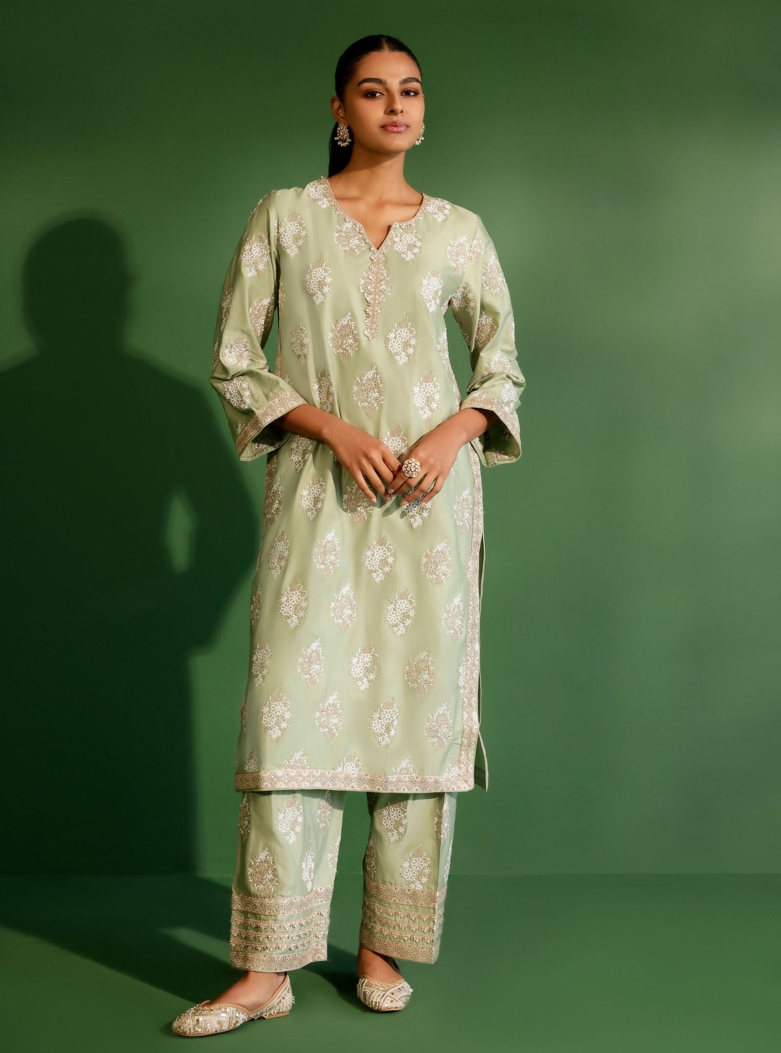 Mulmul Pima Satin Calita Green Kurta With Mulmul Pima Satin Calita Green Pant