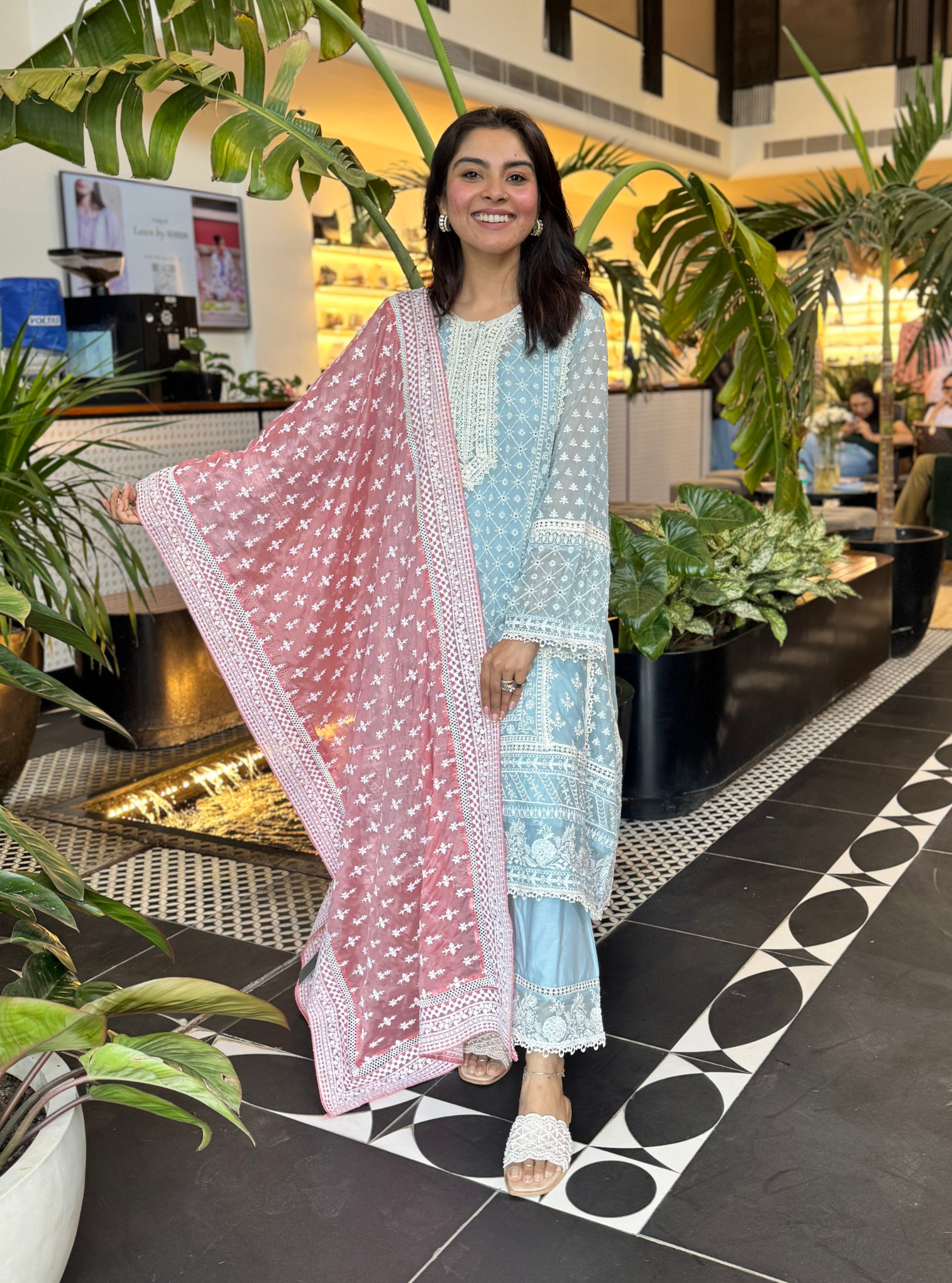 Mulmul Organza Sritha Blue Kurta With Mulmul Cotton Sritha Blue Pant