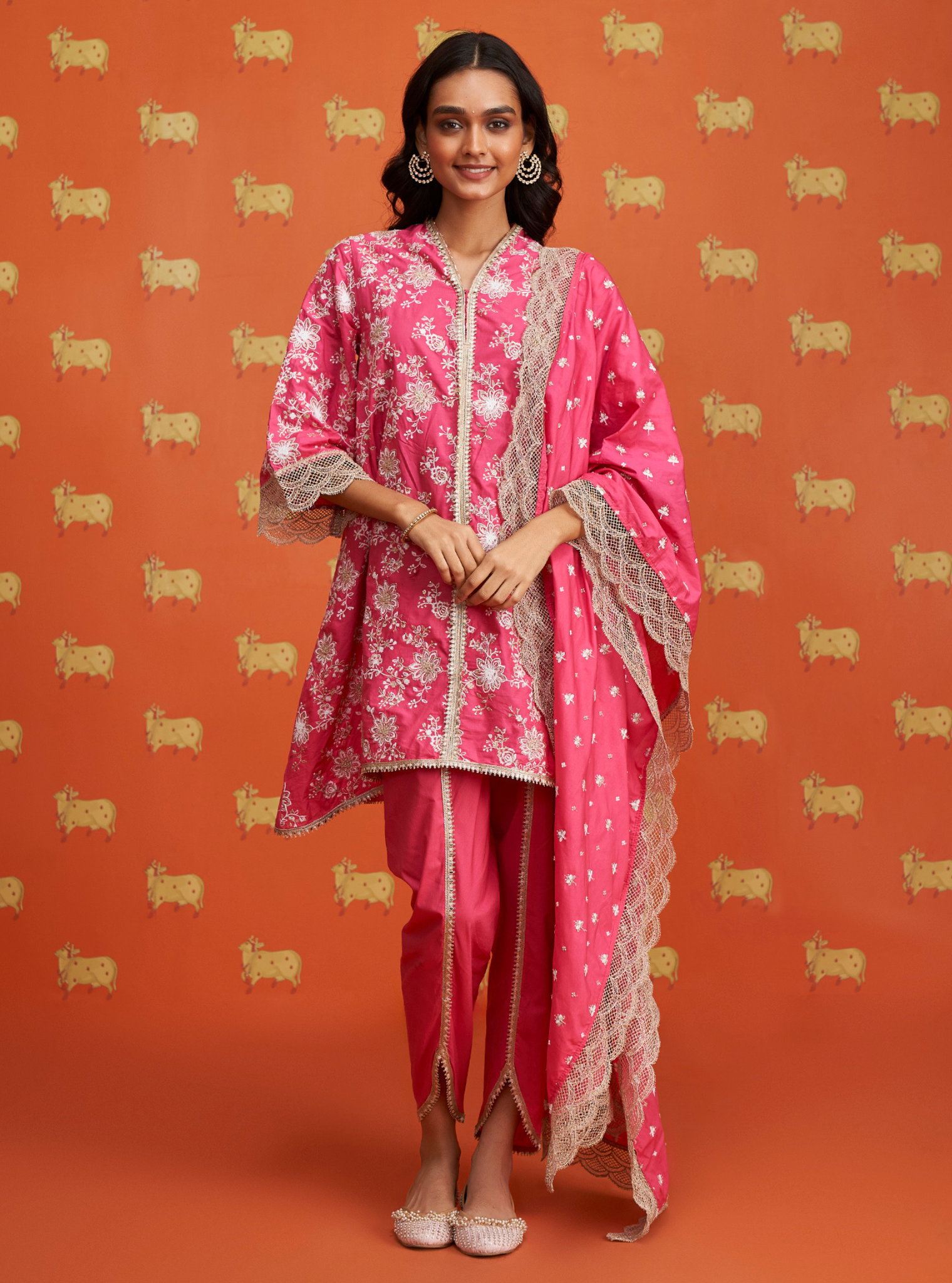 Mulmul Cotton Komen Fuschia Kurta With Mulmul Cotton Komen Fuschia Dhoti Pant