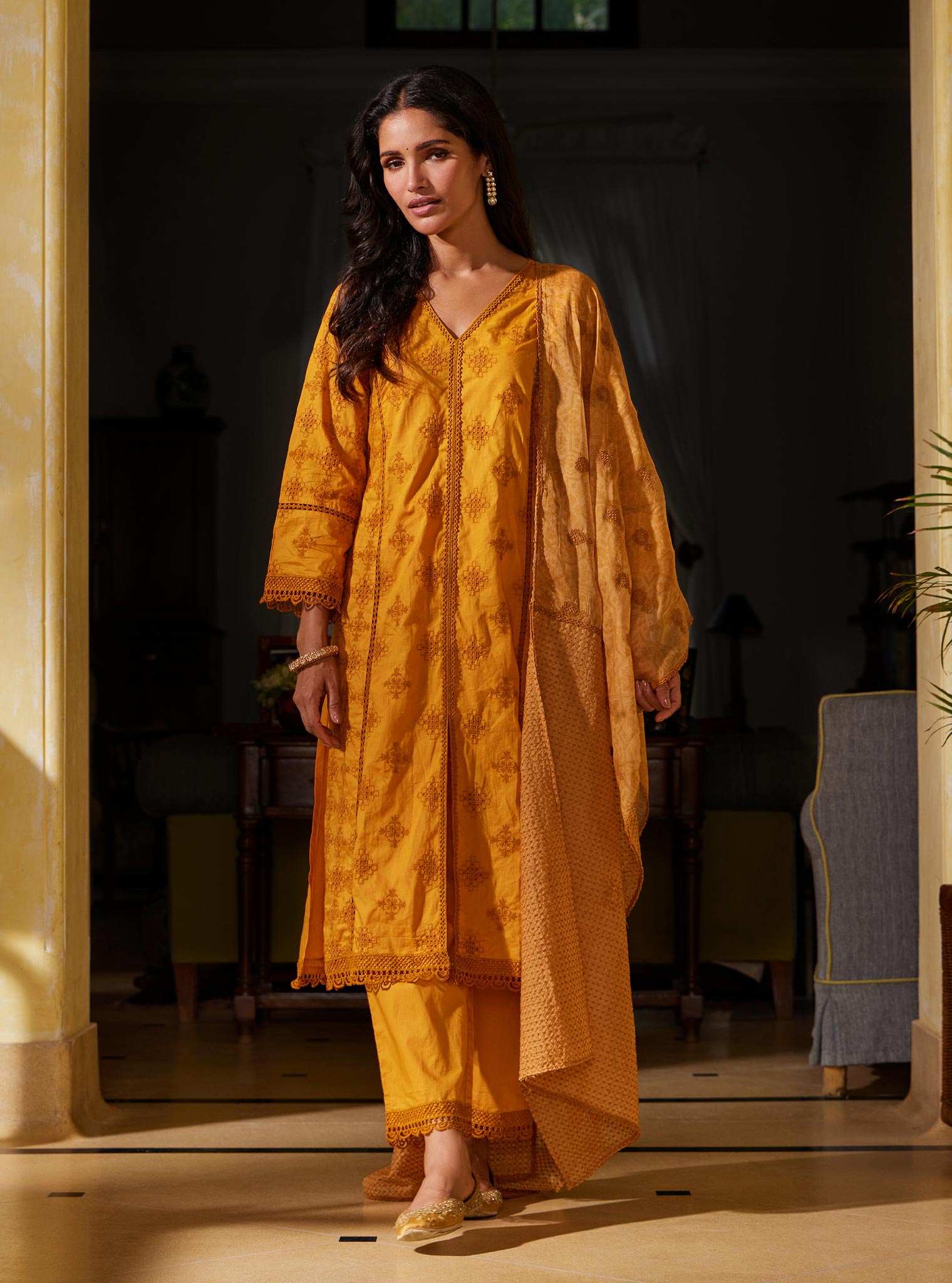 Mulmul Cotton Seher Orange Kurta with Mulmul Cotton Seher Orange Pant