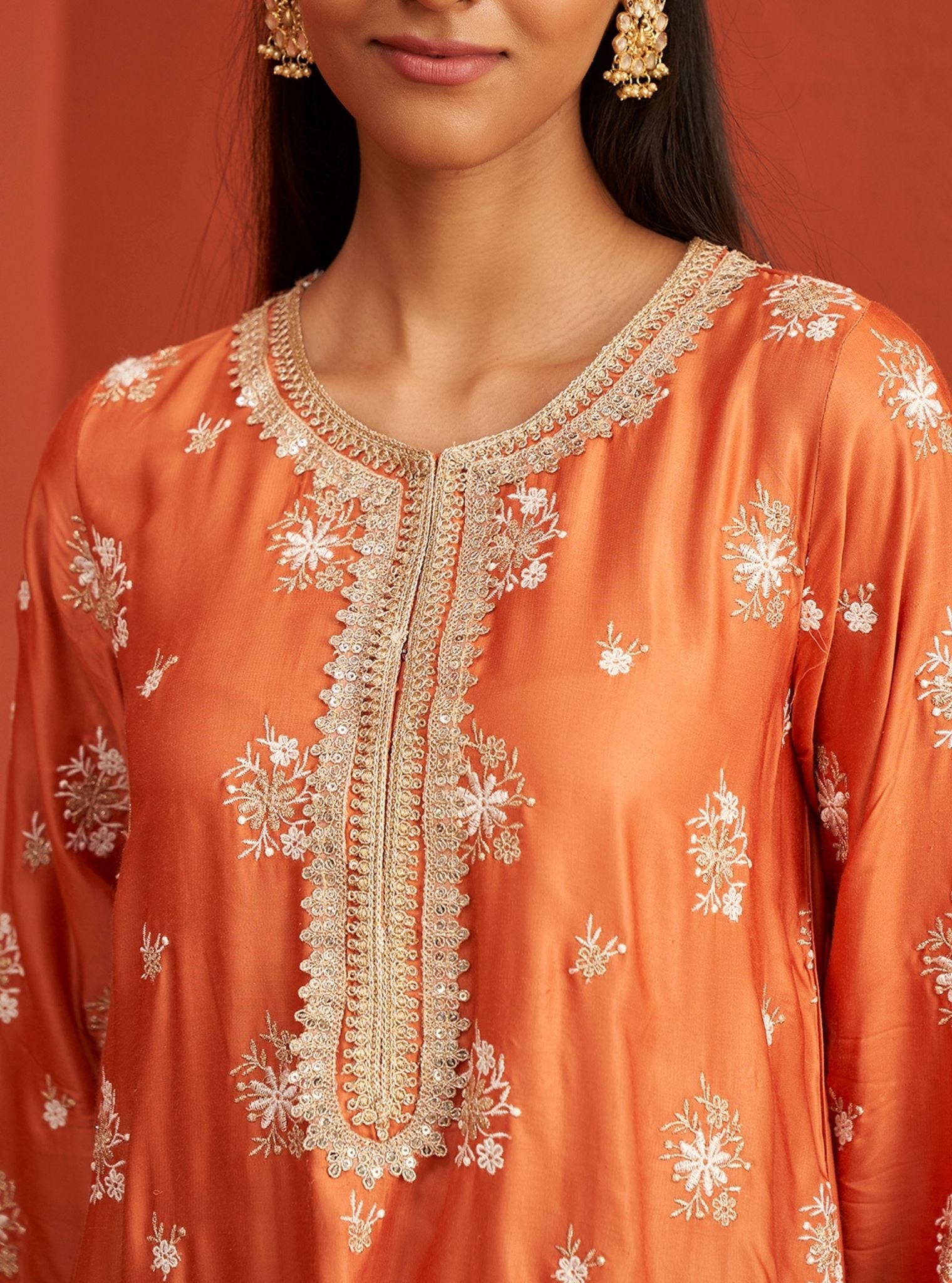 Mulmul Bemberg Satin Kangna Burnt Orange Kurta With Mulmul Bemberg Satin Kangna Burnt Orange Pant