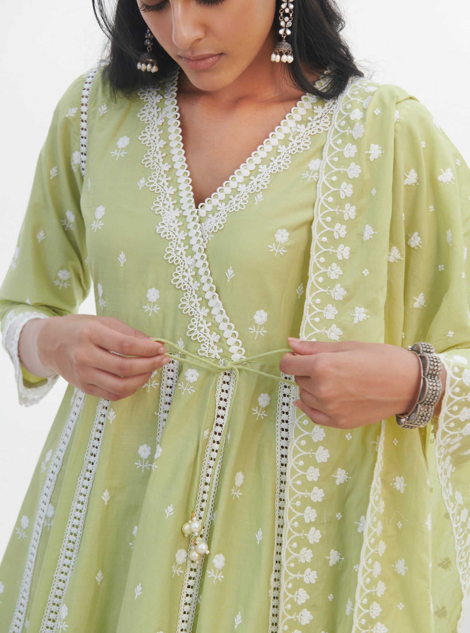 Mulmul Cotton Arambol Anarkali Lime Kurta With Mulmul Cotton Arambol Lime Pant