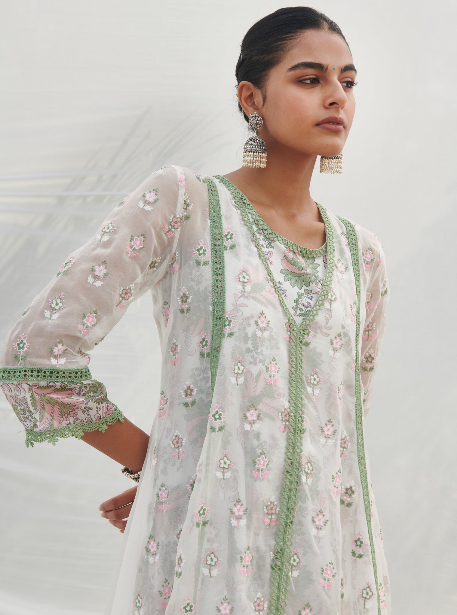 Mulmul Organza Leilani Green Kurta With Mulmul Cotton Leilani Churidar Green Pyajami