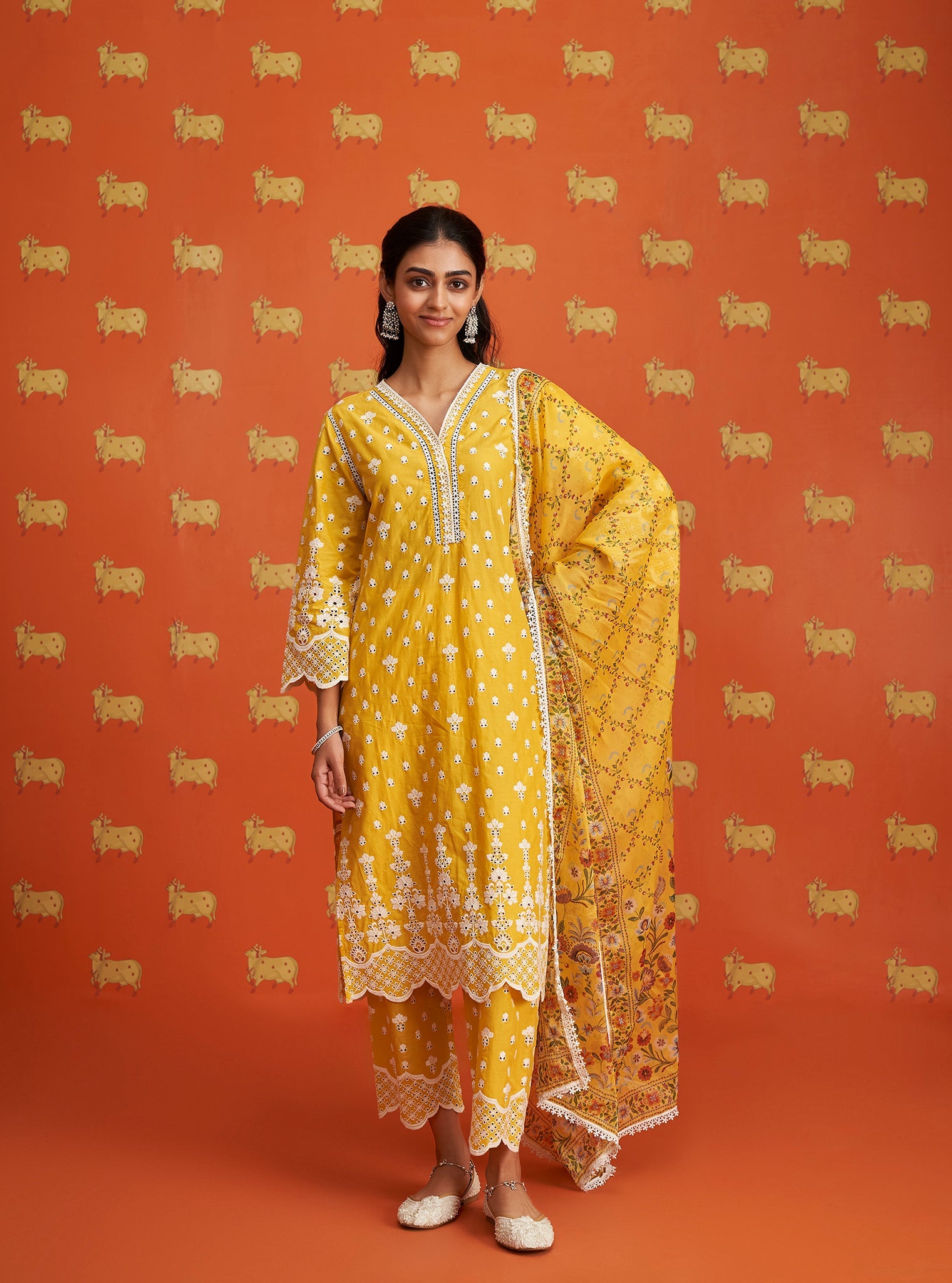 Mulmul Cotton Khaji Yellow Kurta With Mulmul Cotton Khaji Yellow Pant