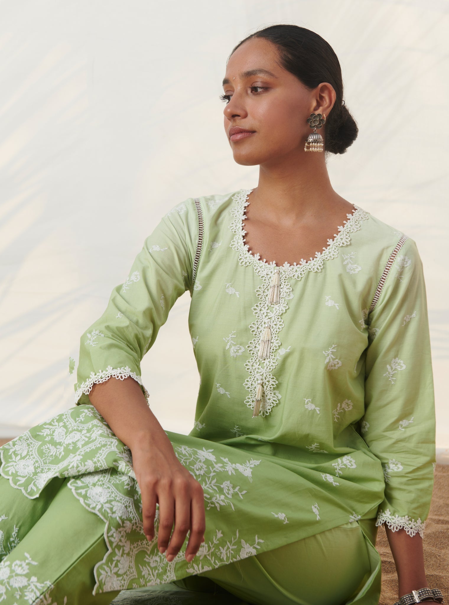 Mulmul Cotton Mandre Green Kurta With Mandre Green Pant