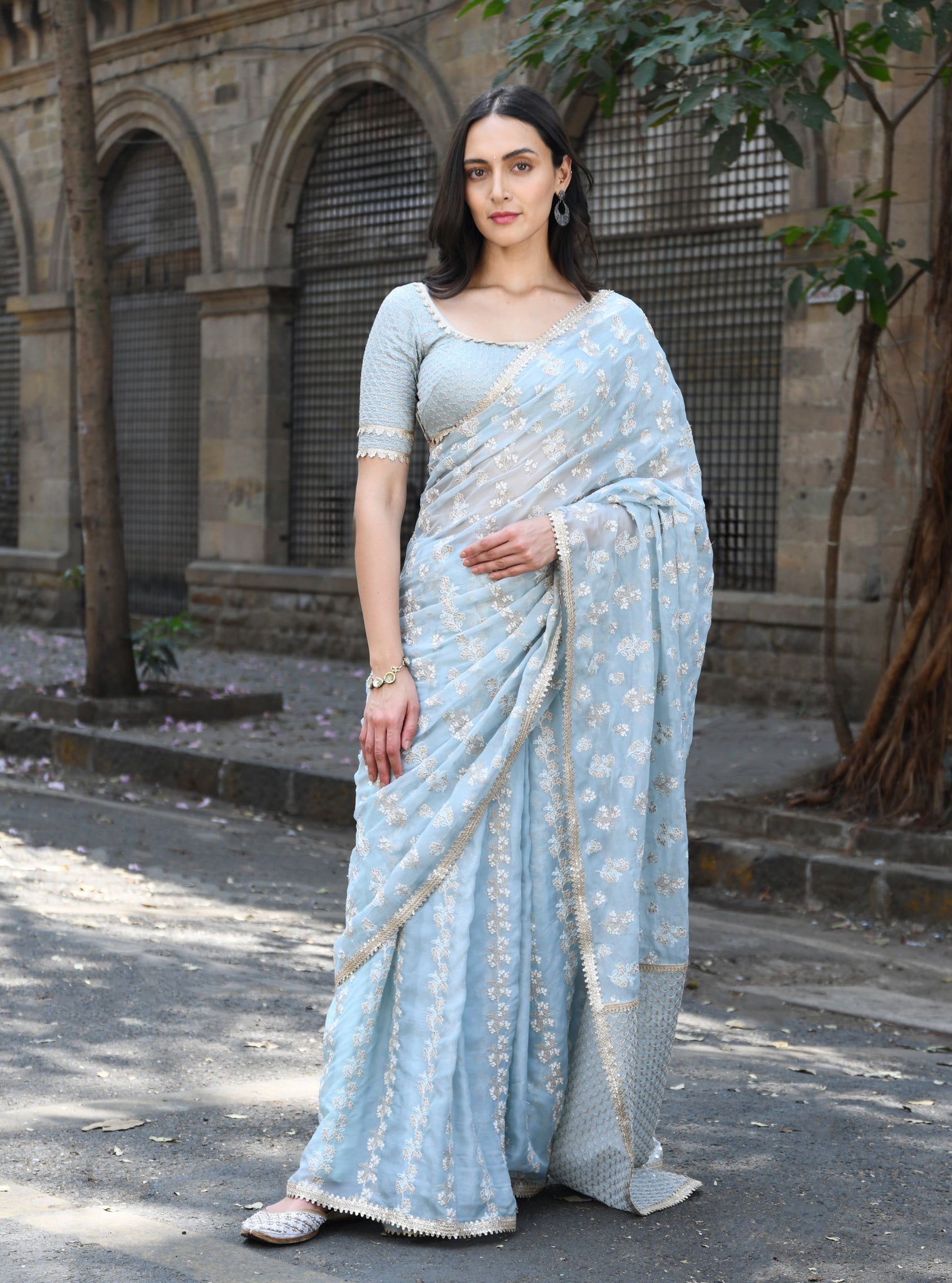 Mulmul Organza Saroli Light Blue Saree