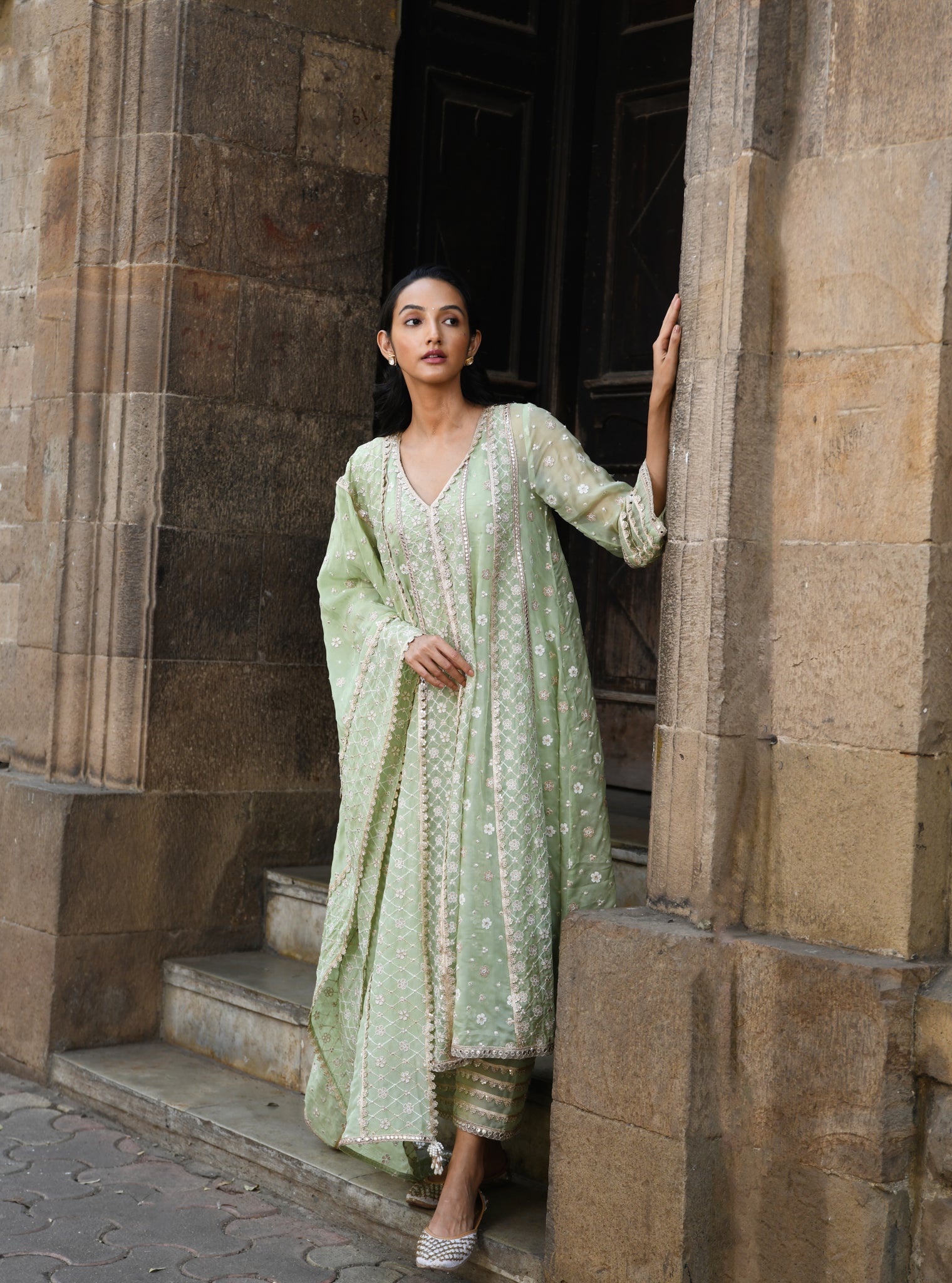 Mulmul Organza Palmer Green Anarkali Kurta With Mulmul Pima Palmer Green Pant