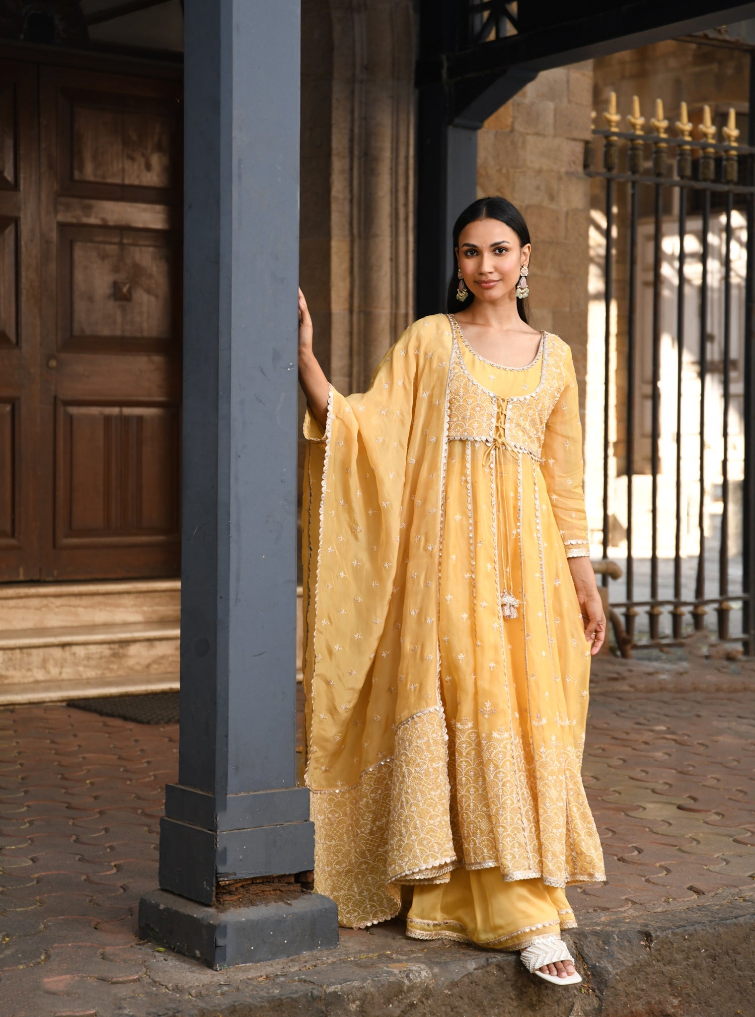 Mulmul Organza Sheri Yellow Anarkali Kurta With Mulmul Organza Sheri Yellow Sharara