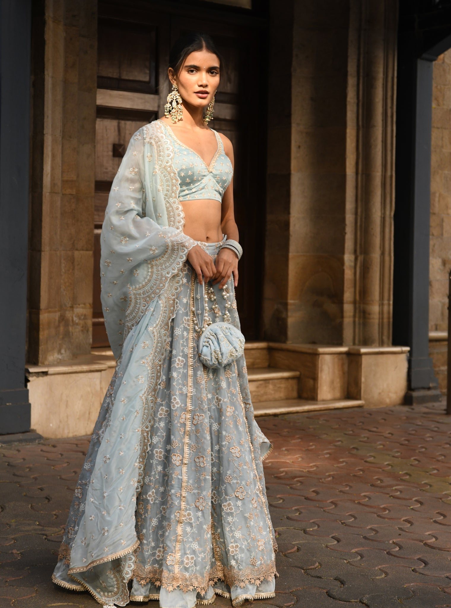 Mulmul Organza Bimli Light Blue Lehenga With Mulmul Luxe Silk Bimli Light Blue Dupatta