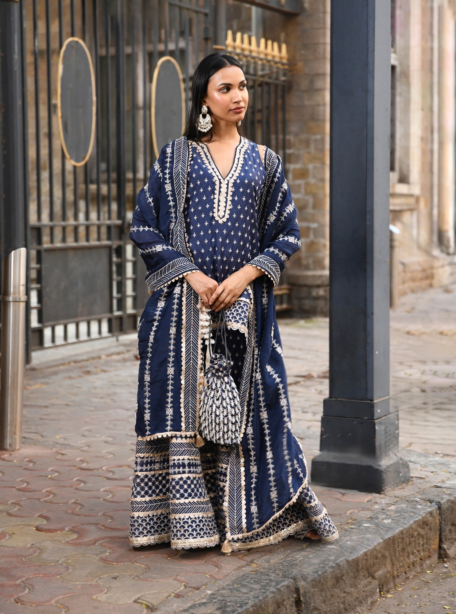 Mulmul Organza Sangli Navy Kurta With Mulmul Organza Sangli Navy Sharara