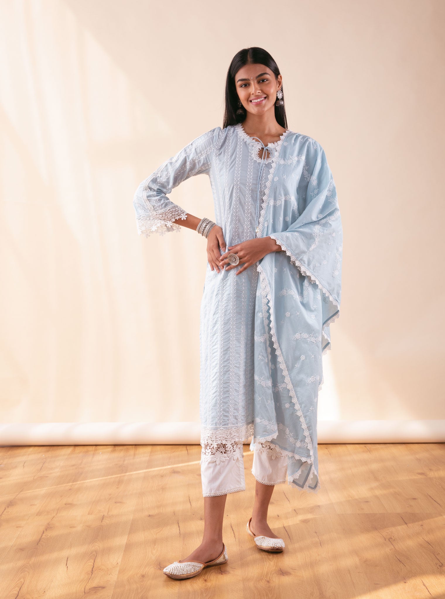 Mulmul Cotton Nina Light Blue Kurta With Broad Lace Insert White Pyajama