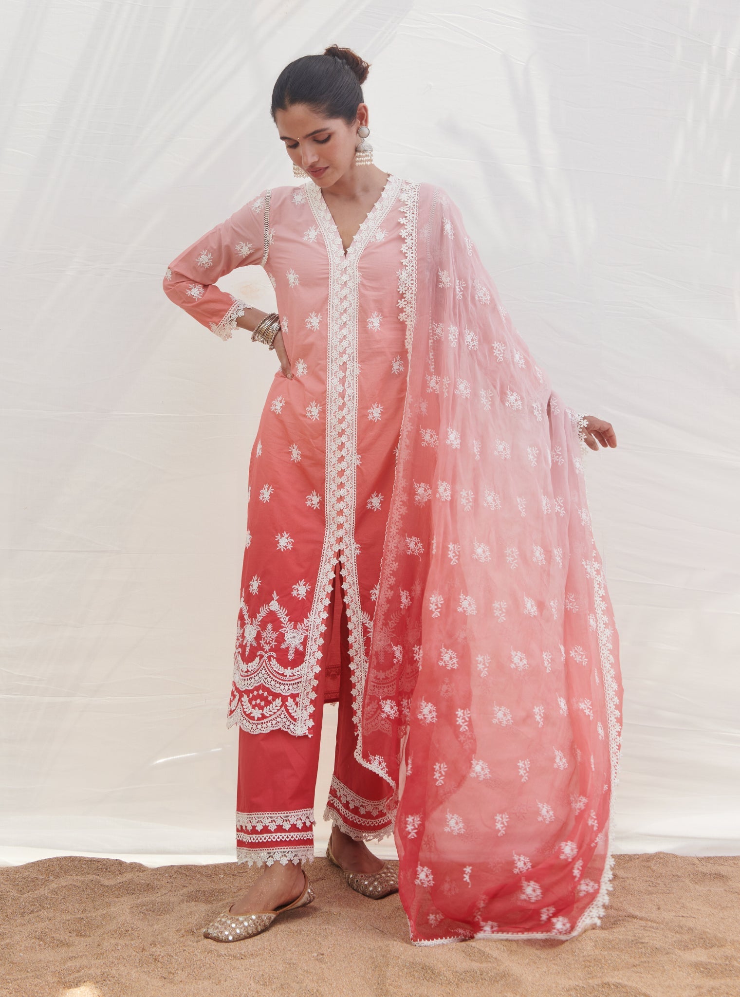 Mulmul Chiffon Saleri Red Dupatta