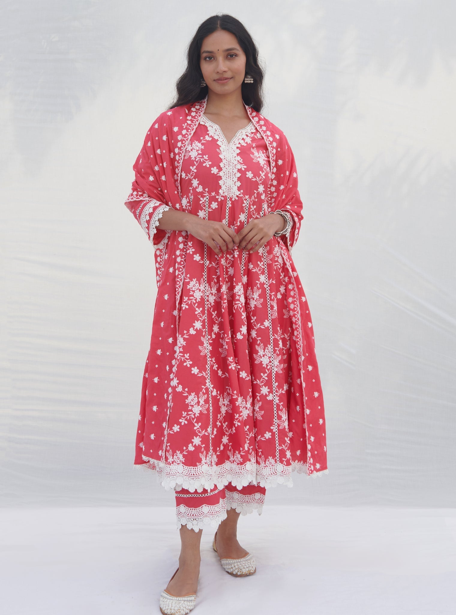 Mulmul Cotton Palolem Anarkali Red Kurta With Mulmul Cotton Palolem Red Pant