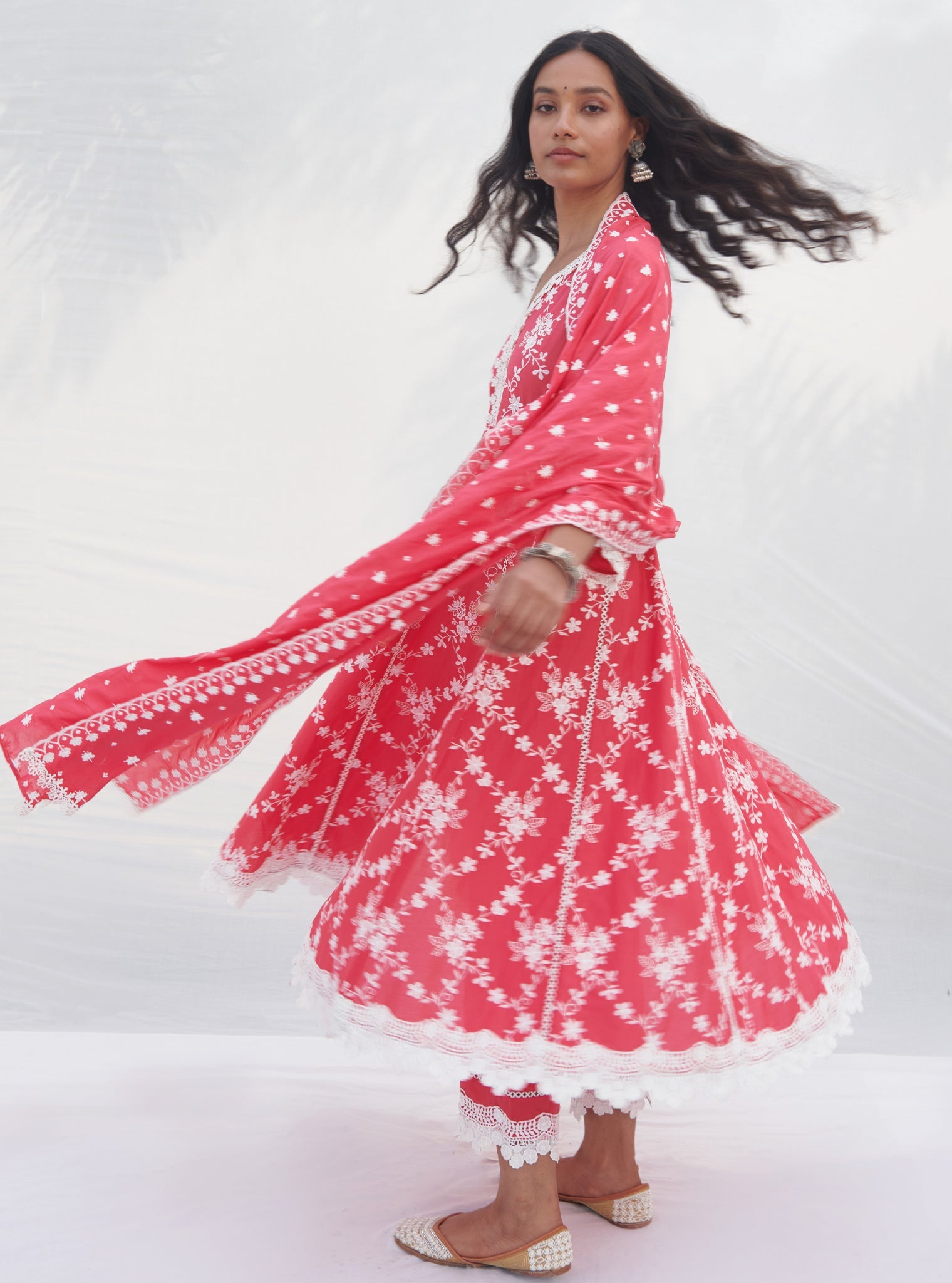 Mulmul Cotton Palolem Anarkali Red Kurta With Mulmul Cotton Palolem Red Pant