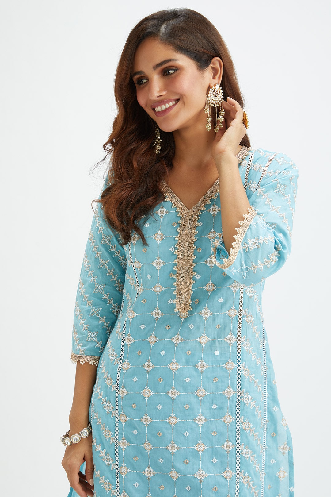 Mulmul Cotton Pelican Blue Kurta With Pelican Blue Pyajama