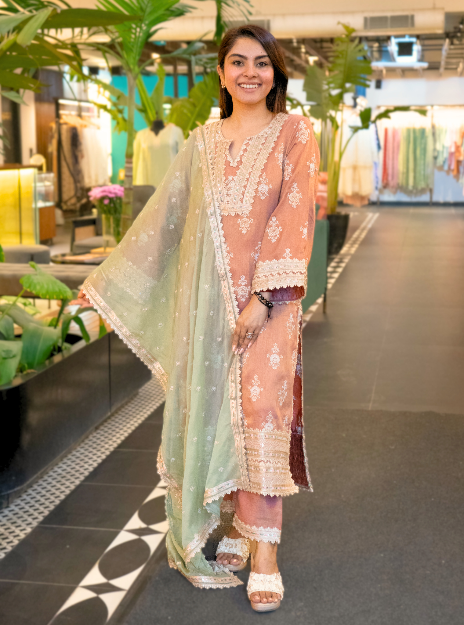 Mulmul Luxe Tissue Mitthi Rose Kurta With Mulmul Luxe Tissue Mitthi Rose Pant