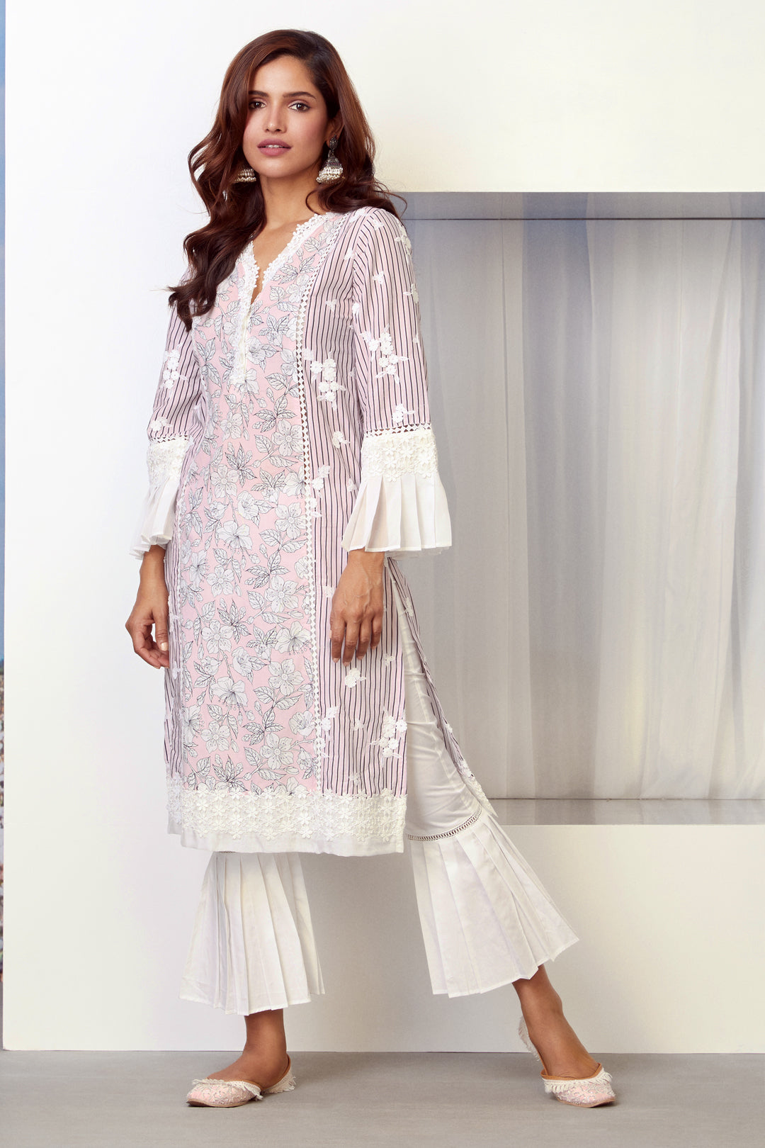 Mulmul Cotton Soho kurta Pink with Pleated Bellbottom Pant