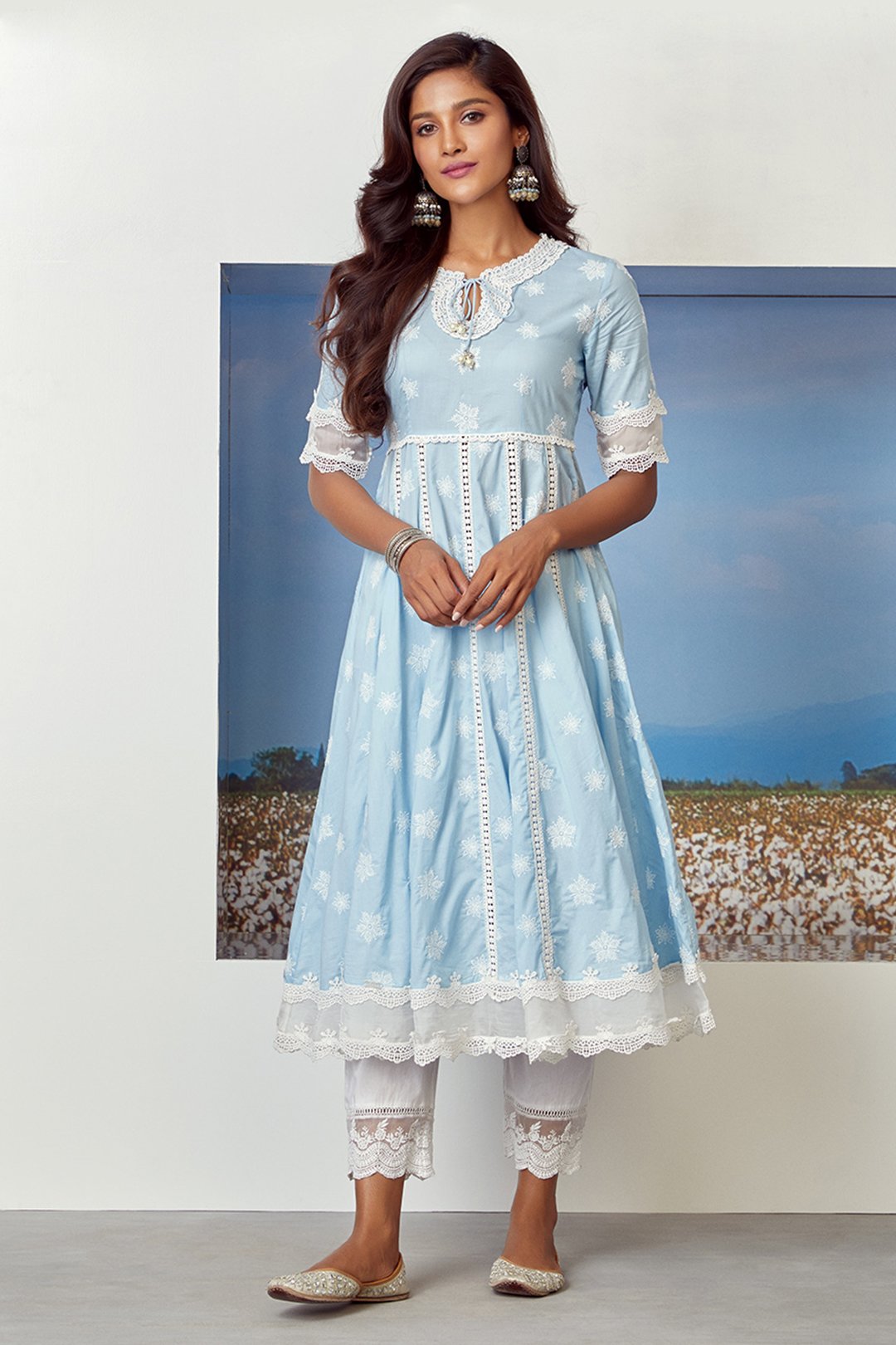 Mulmul Cotton Star Gaze Light Blue Kurta With Floral Organza White Pyajama