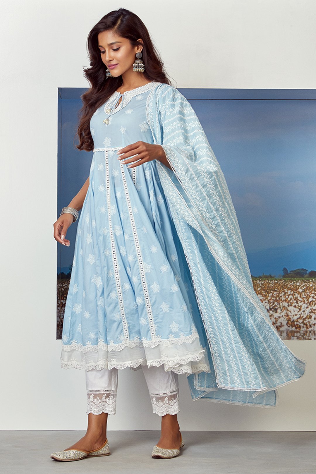 Mulmul Cotton Star Gaze Light Blue Kurta With Floral Organza White Pyajama