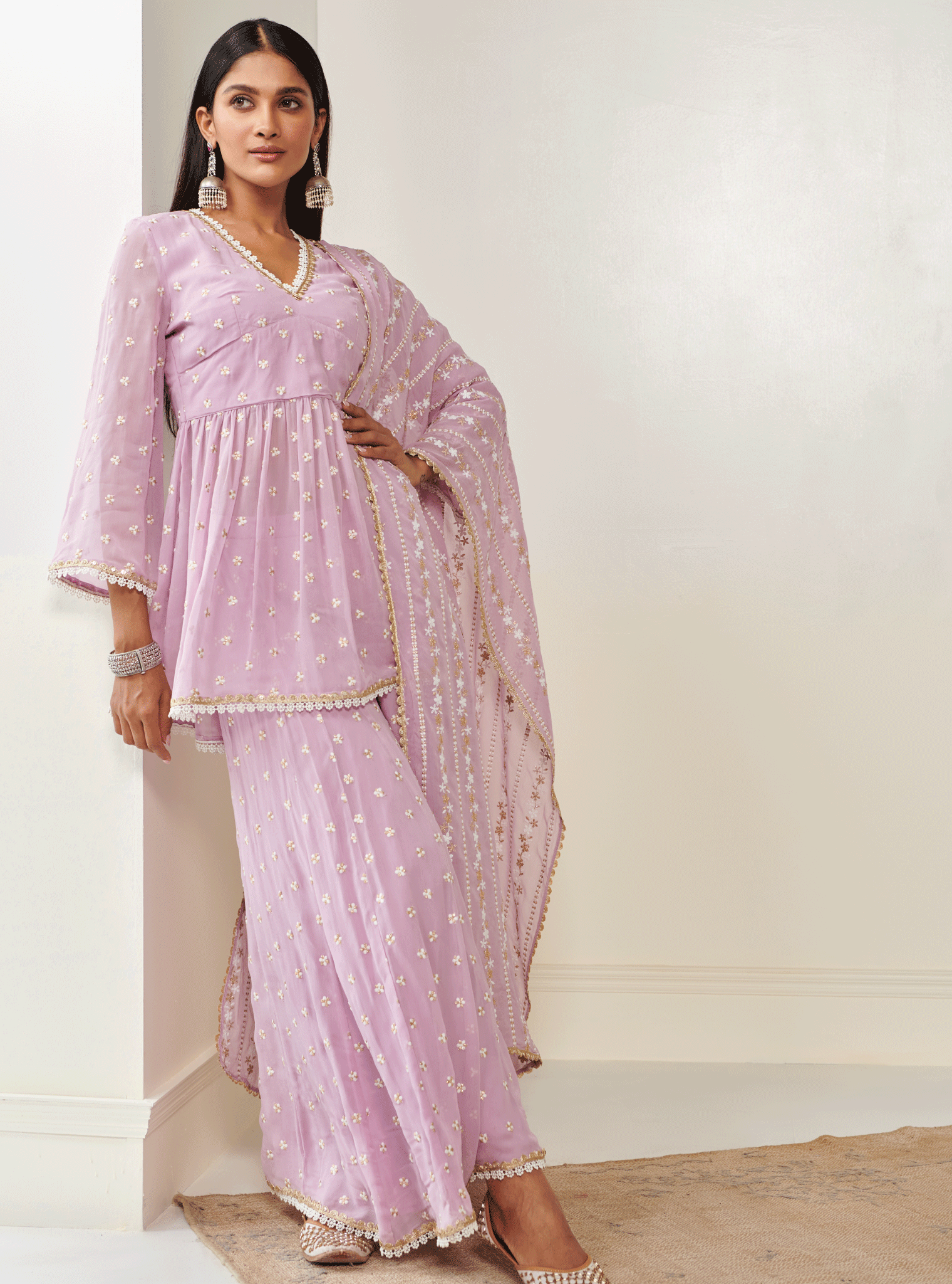 Mulmul Georgette Isra Lilac Kurta With Isra Lilac Sharara