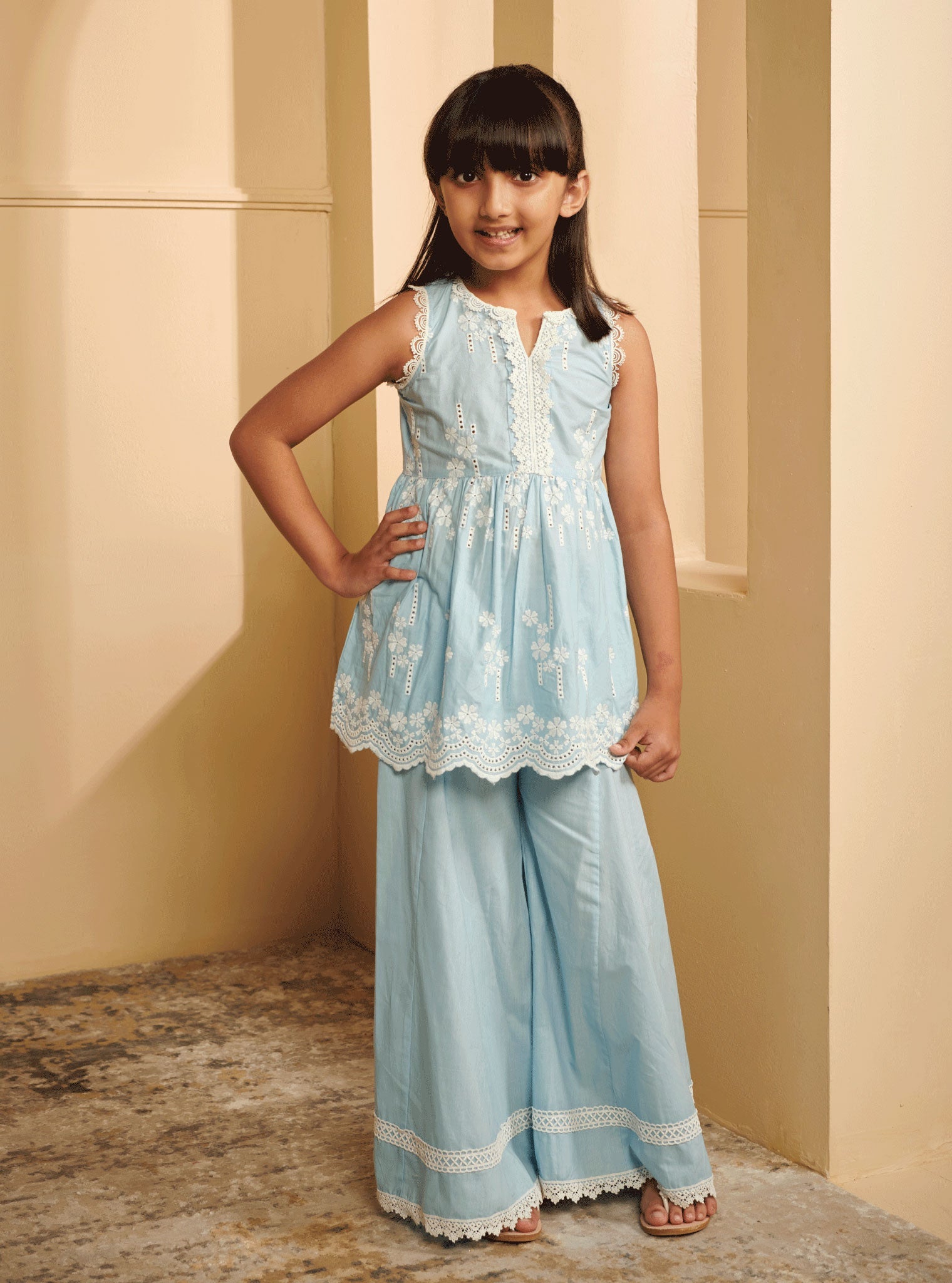 Mulmul Cotton Ming Light Blue Kurta With Ming Light Blue Sharara