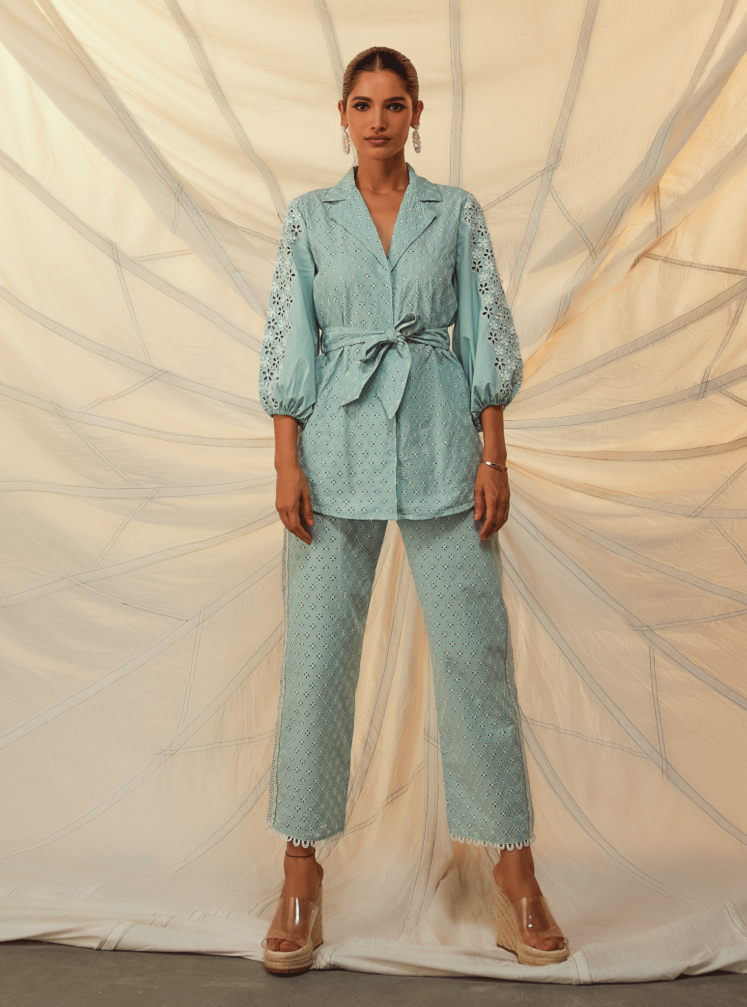 Mulmul Cotton Flor Light Blue Top With Flor Light Blue Pant