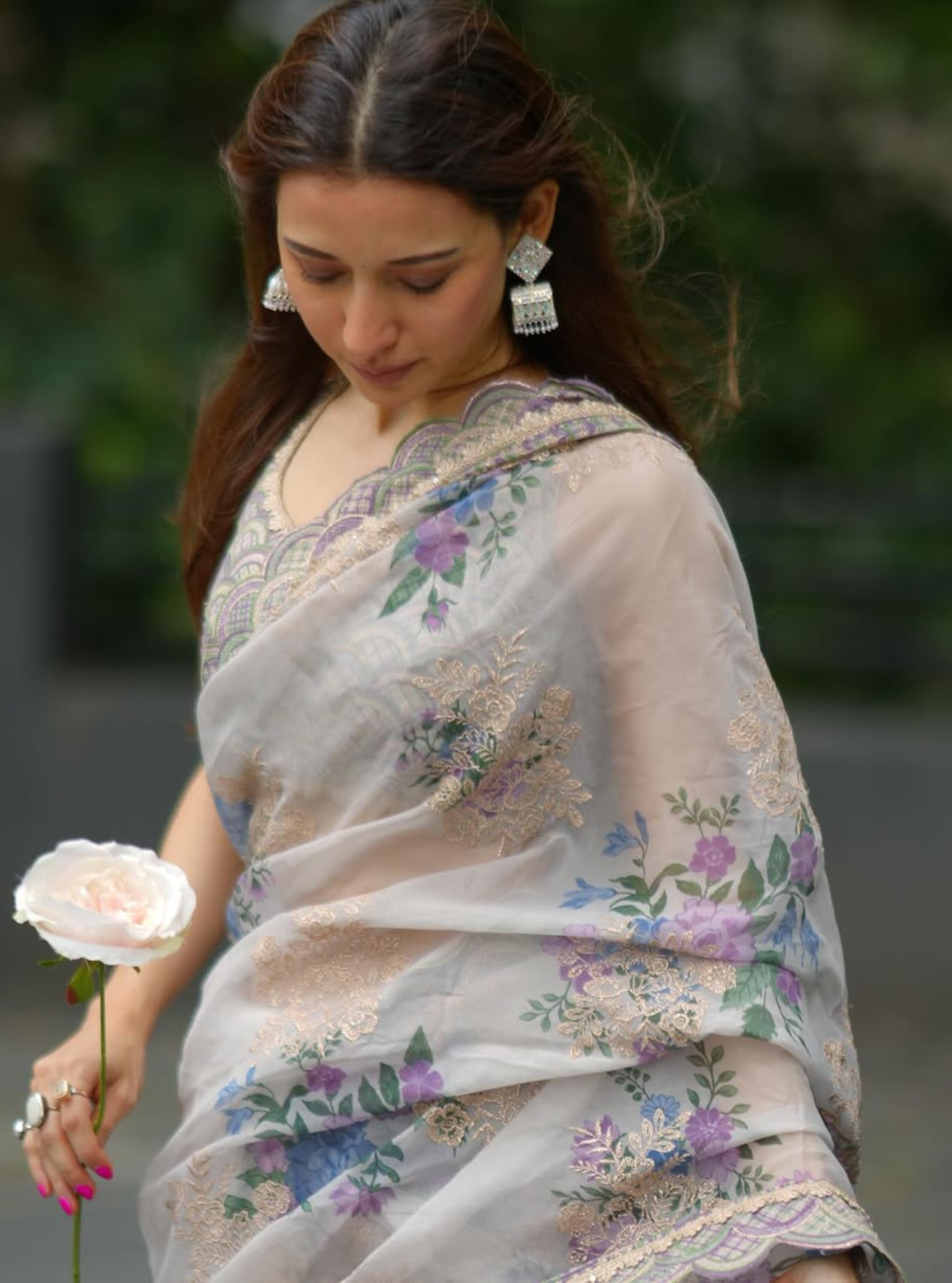Swar Dull Organza Printed White Saree