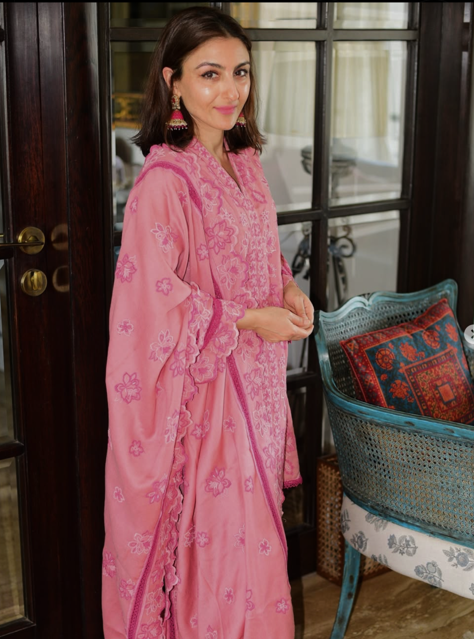 Mulmul Wool Ellis Pink Kurta With Mulmul Wool Ellis Pink Pant