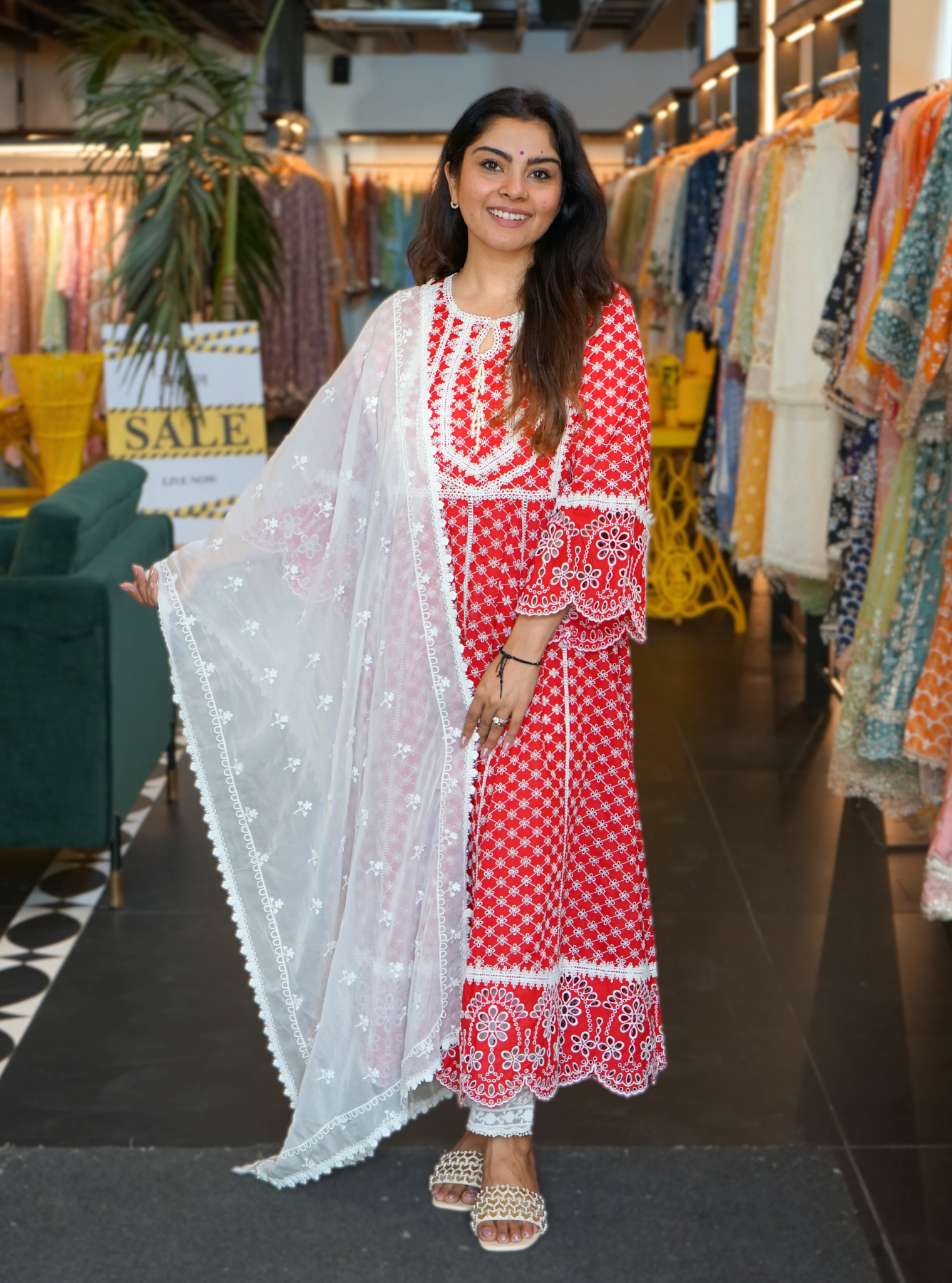 Mulmul Cotton Arris Red Anarkali  Kurta With Diagonal Lace White Pant