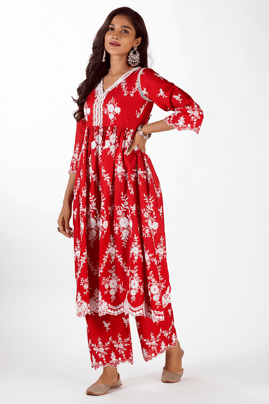 Mulmul Cotton Zambi Red Kurta With Zambi Pant Red