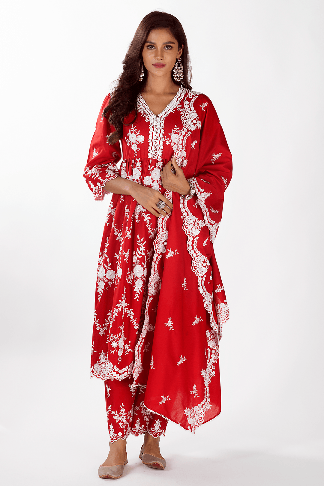 Mulmul Cotton Zambi Red Kurta With Zambi Pant Red