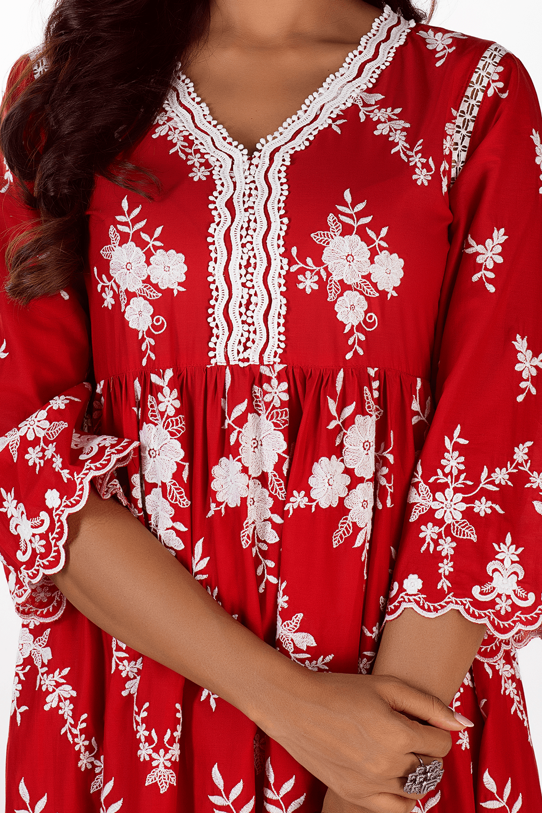 Mulmul Cotton Zambi Red Kurta With Zambi Pant Red