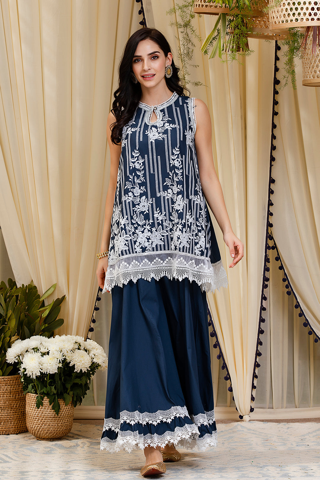 Mulmul Blossom Navy Kurti With Blossom Sharara