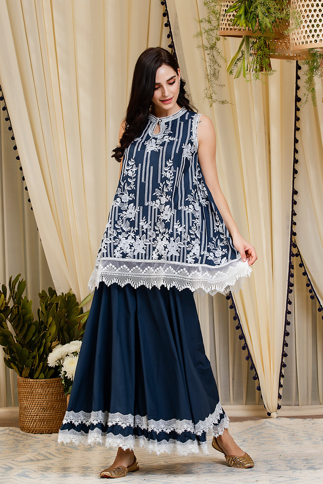 Mulmul Blossom Navy Kurti With Blossom Sharara