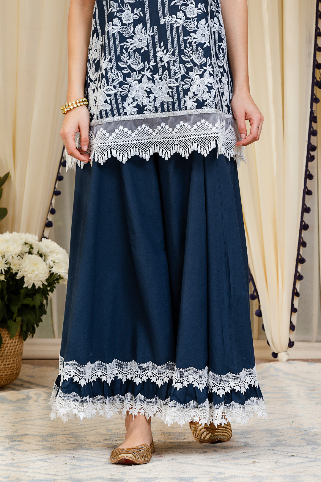 Mulmul Blossom Navy Kurti With Blossom Sharara