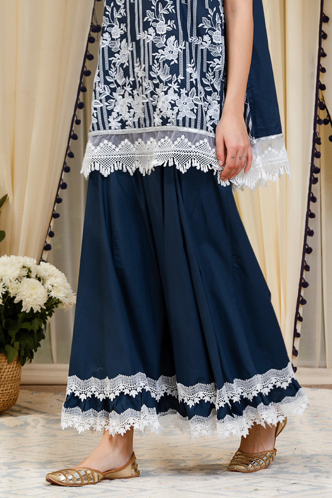 Mulmul Blossom Navy Kurti With Blossom Sharara