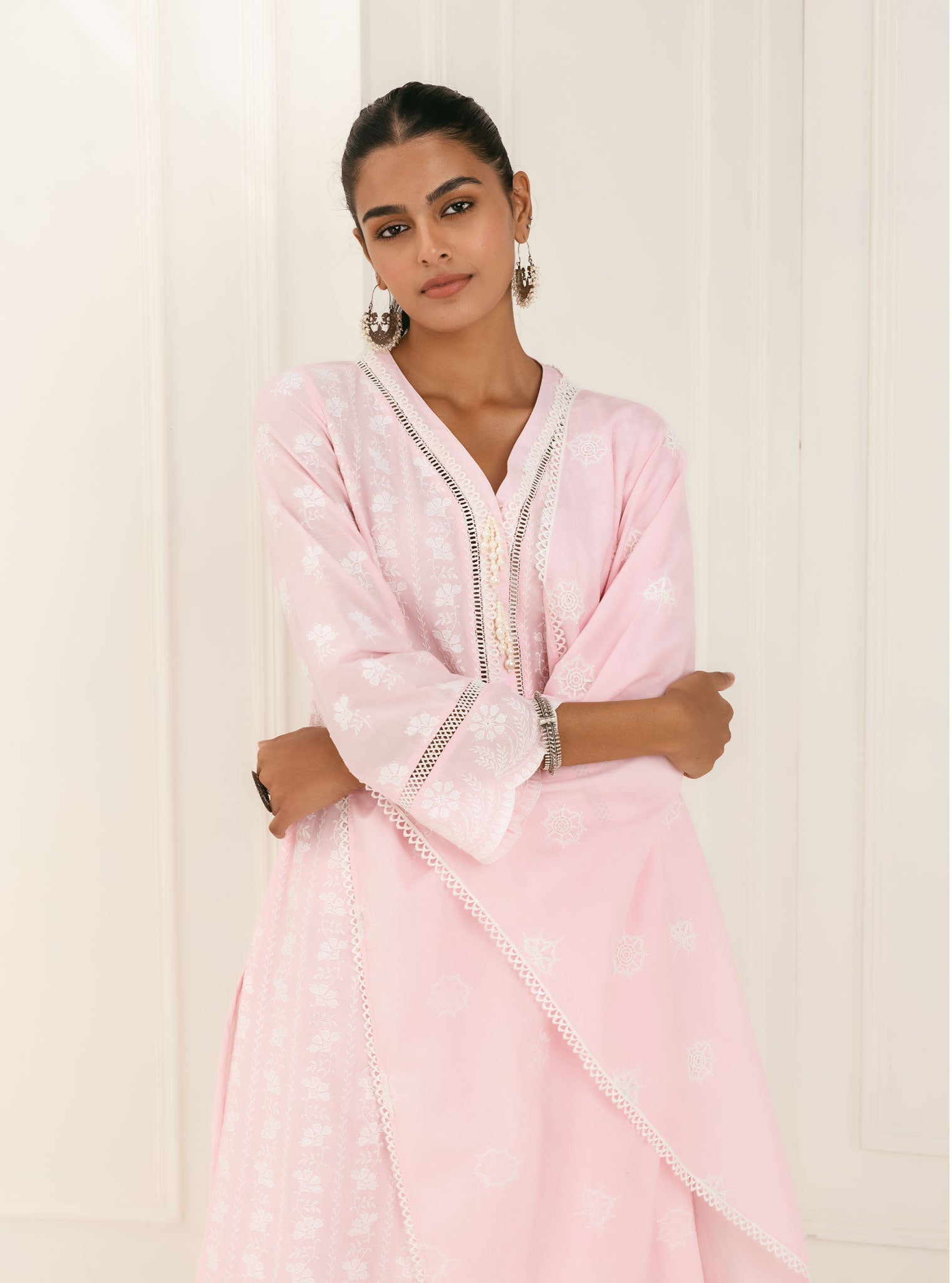 Mulmul Cotton Dharni Pink Kurta With Dharni Pink Pant