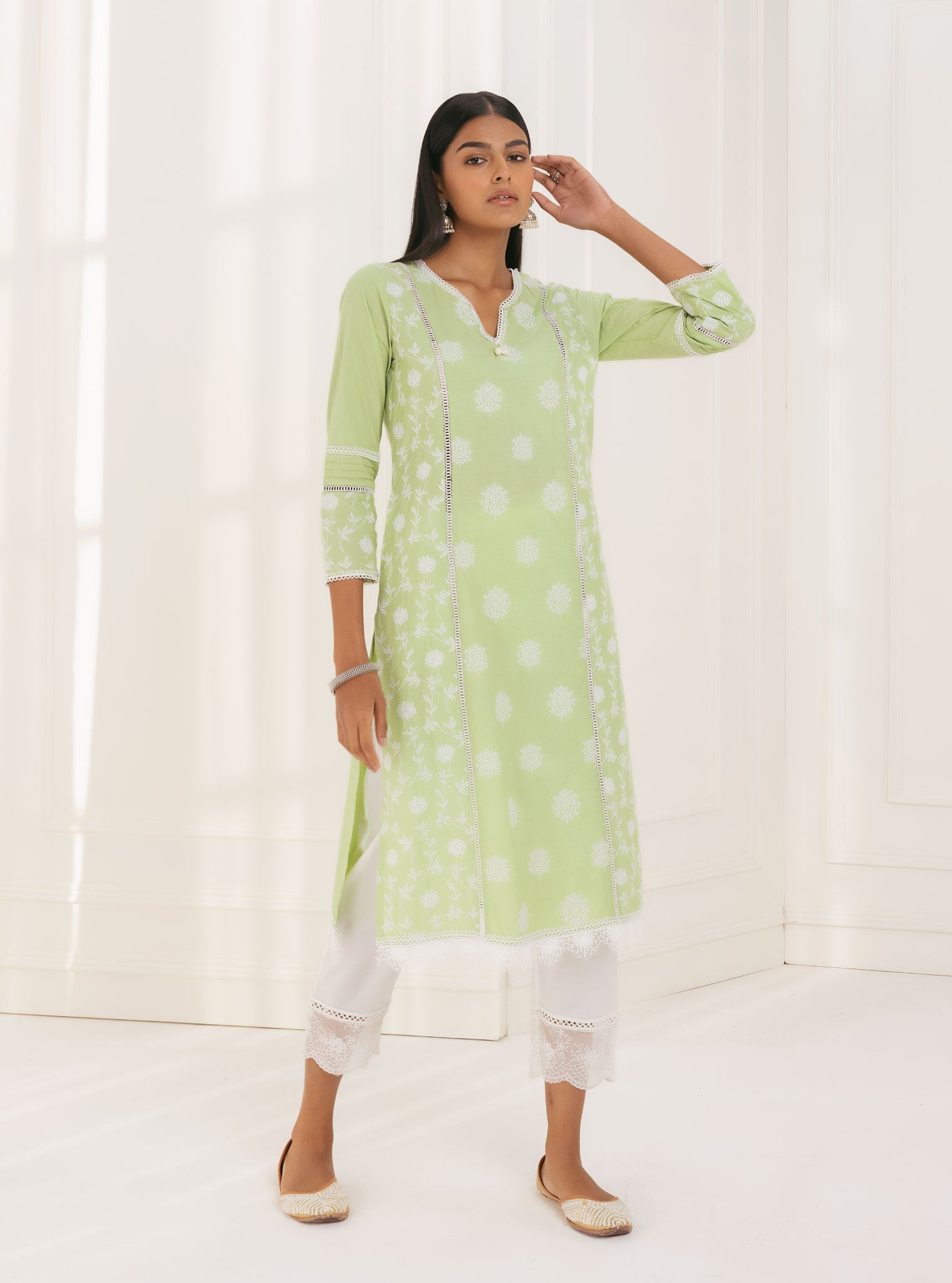 Mulmul Cotton Kannur Green Kurta