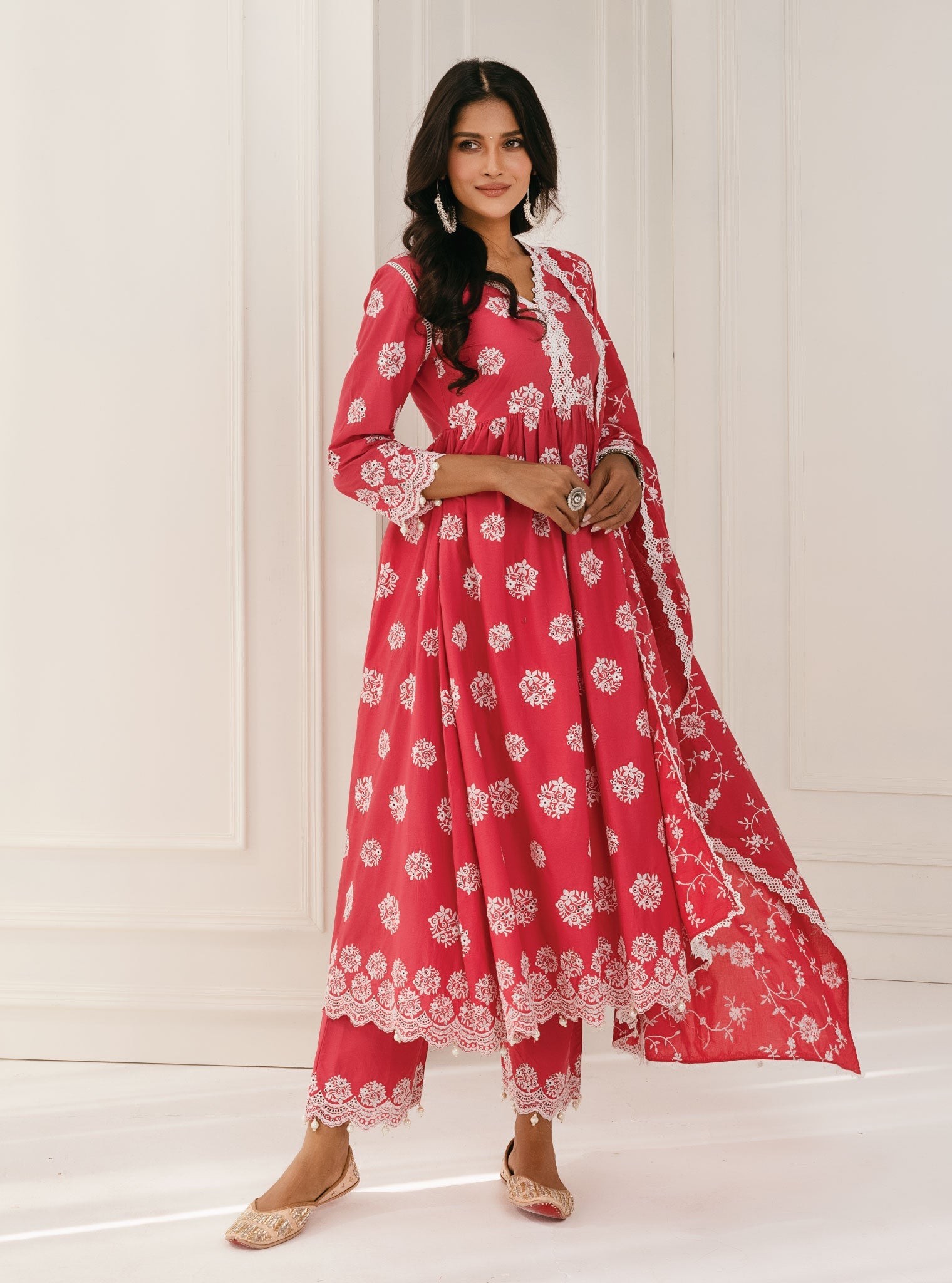 Mulmul Cotton Malana Red Kurta With Malana Red Palazzo